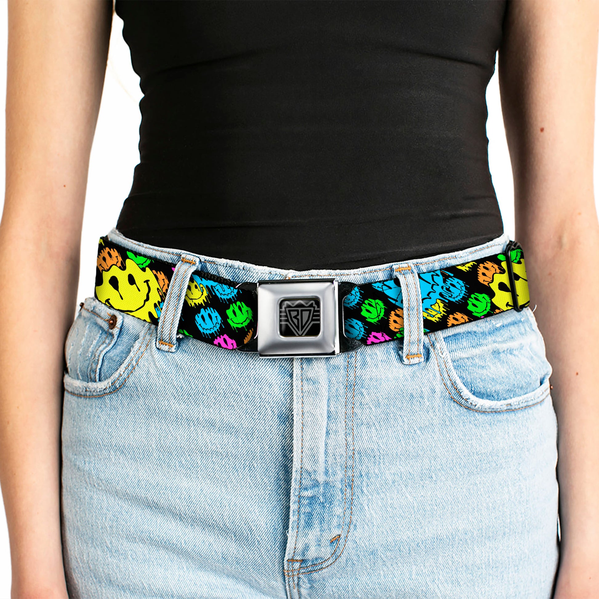 BD Wings Logo CLOSE-UP Black/Silver Seatbelt Belt - Smiley Faces Melted Stacked Black/Multi Neon Webbing Seatbelt Belts Buckle-Down
