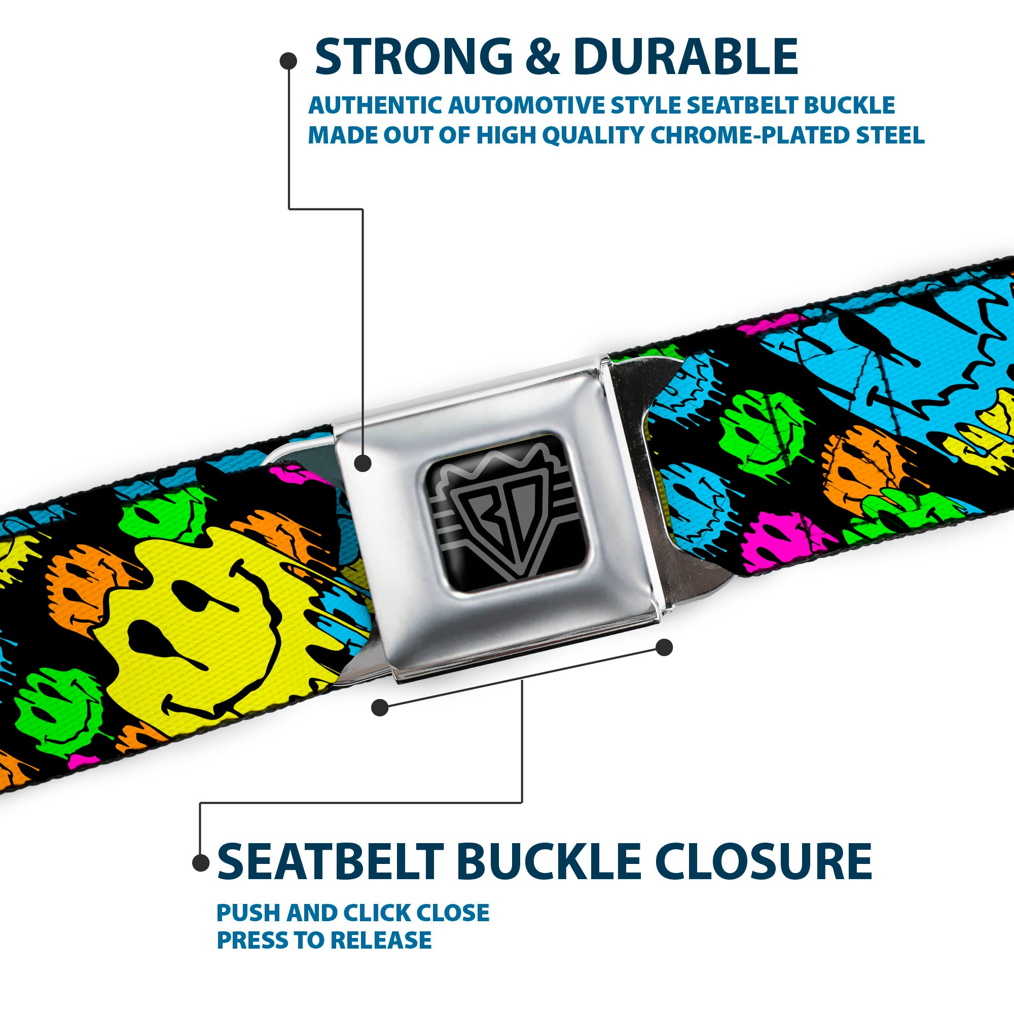BD Wings Logo CLOSE-UP Black/Silver Seatbelt Belt - Smiley Faces Melted Stacked Black/Multi Neon Webbing Seatbelt Belts Buckle-Down