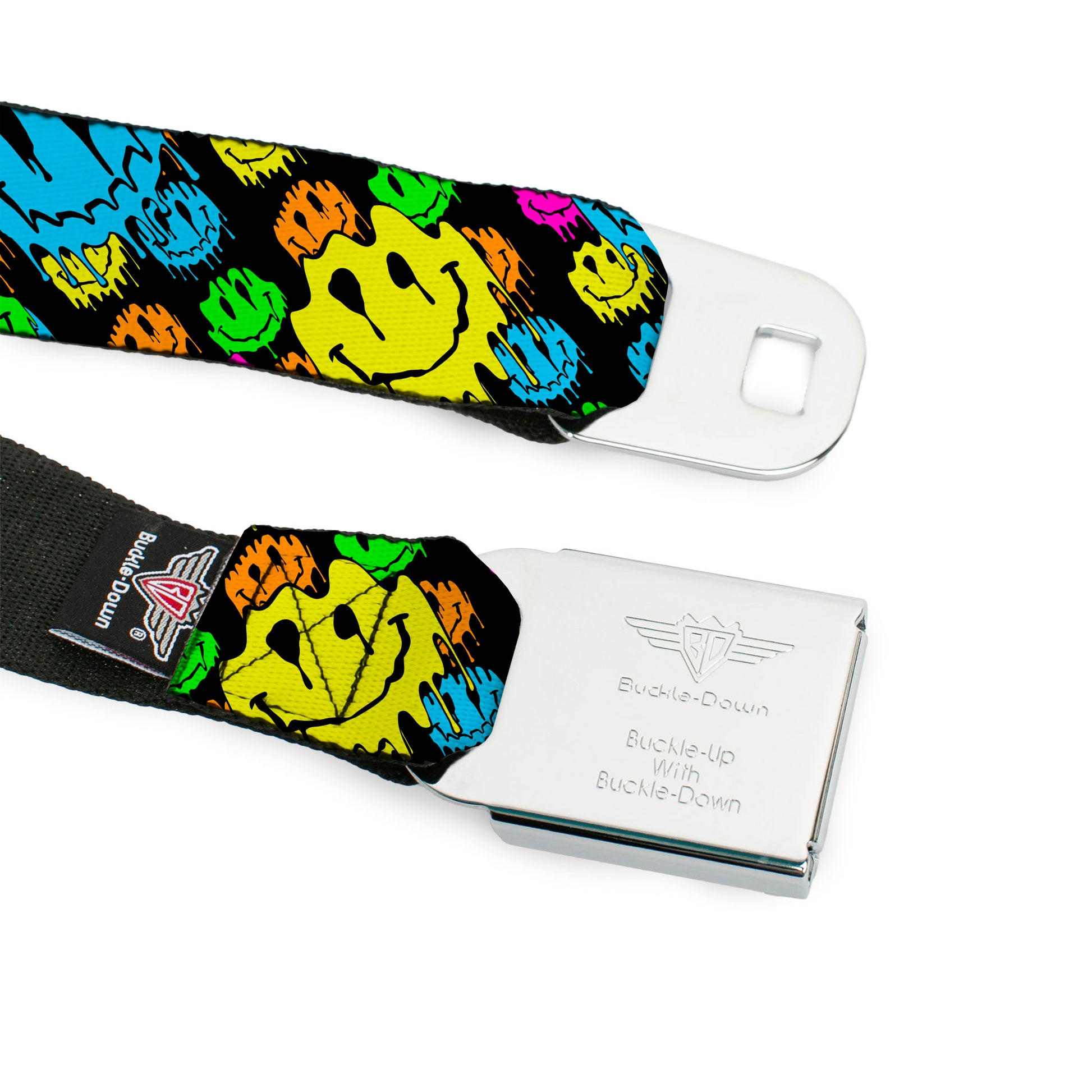 BD Wings Logo CLOSE-UP Black/Silver Seatbelt Belt - Smiley Faces Melted Stacked Black/Multi Neon Webbing Seatbelt Belts Buckle-Down