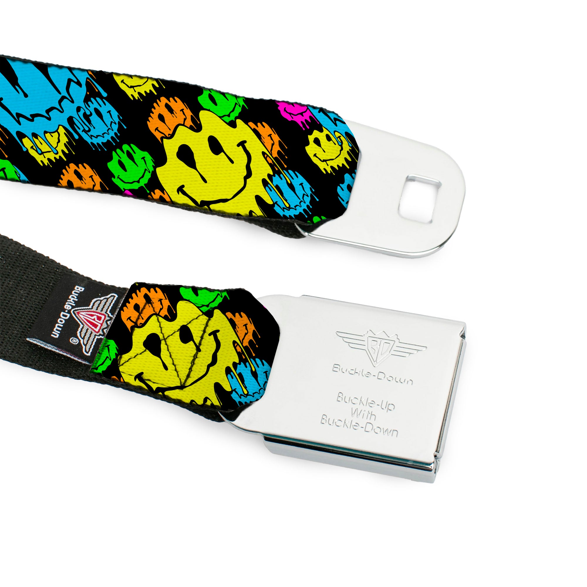 BD Wings Logo CLOSE-UP Black/Silver Seatbelt Belt - Smiley Faces Melted Stacked Black/Multi Neon Webbing Seatbelt Belts Buckle-Down