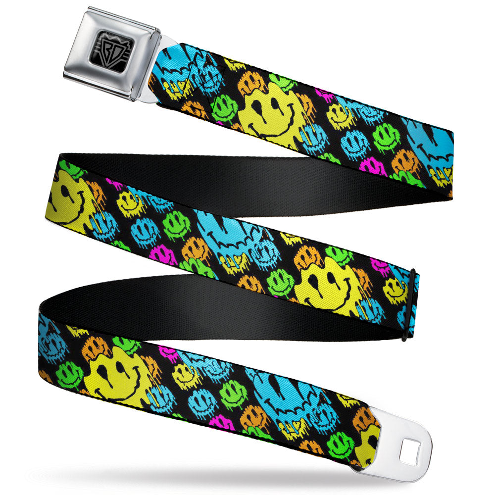 BD Wings Logo CLOSE-UP Black/Silver Seatbelt Belt - Smiley Faces Melted Stacked Black/Multi Neon Webbing Seatbelt Belts Buckle-Down