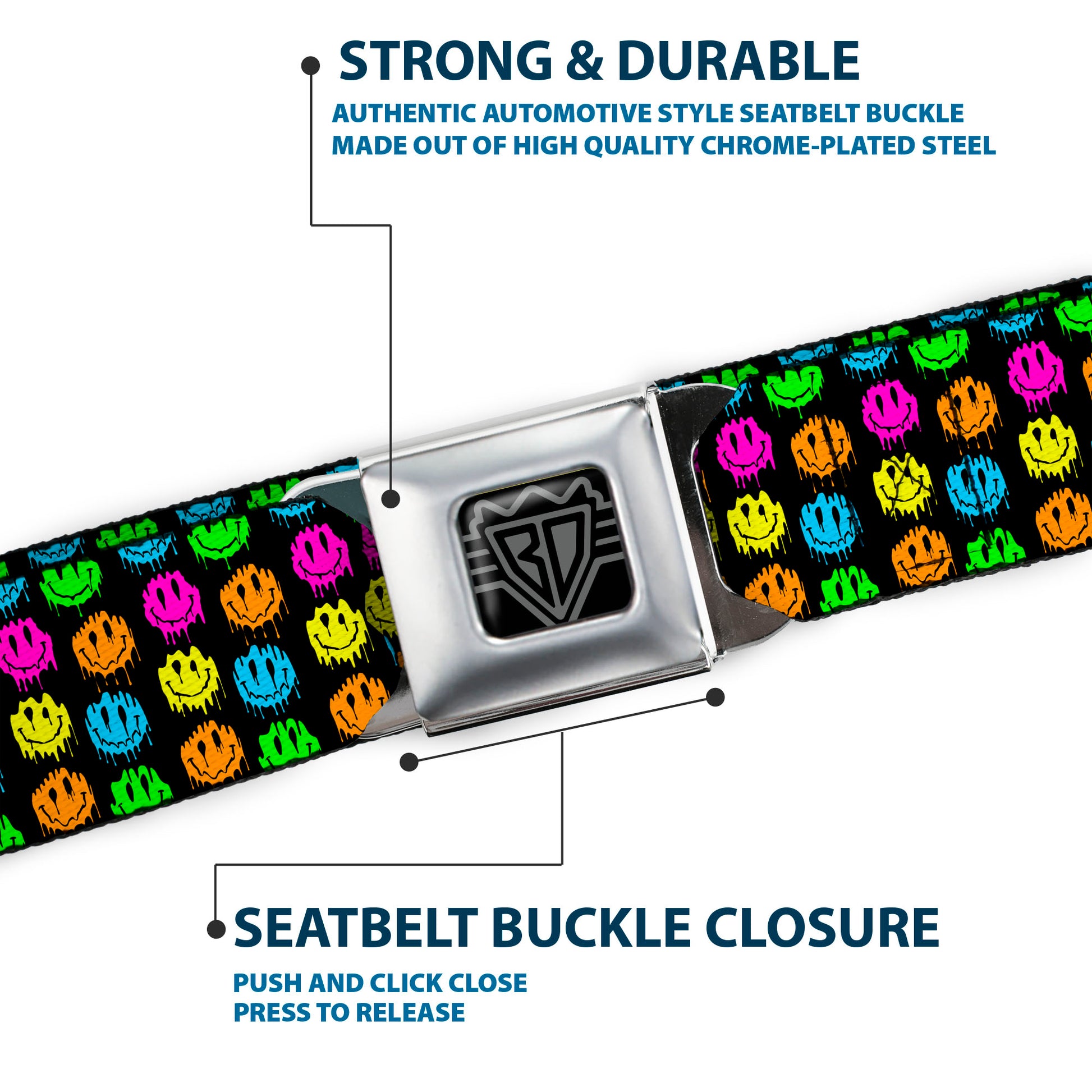 BD Wings Logo CLOSE-UP Black/Silver Seatbelt Belt - Smiley Faces Melted Mini Repeat Black/Multi Neon Webbing Seatbelt Belts Buckle-Down
