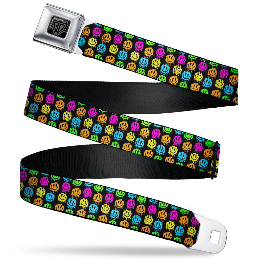 BD Wings Logo CLOSE-UP Black/Silver Seatbelt Belt - Smiley Faces Melted Mini Repeat Black/Multi Neon Webbing Seatbelt Belts Buckle-Down
