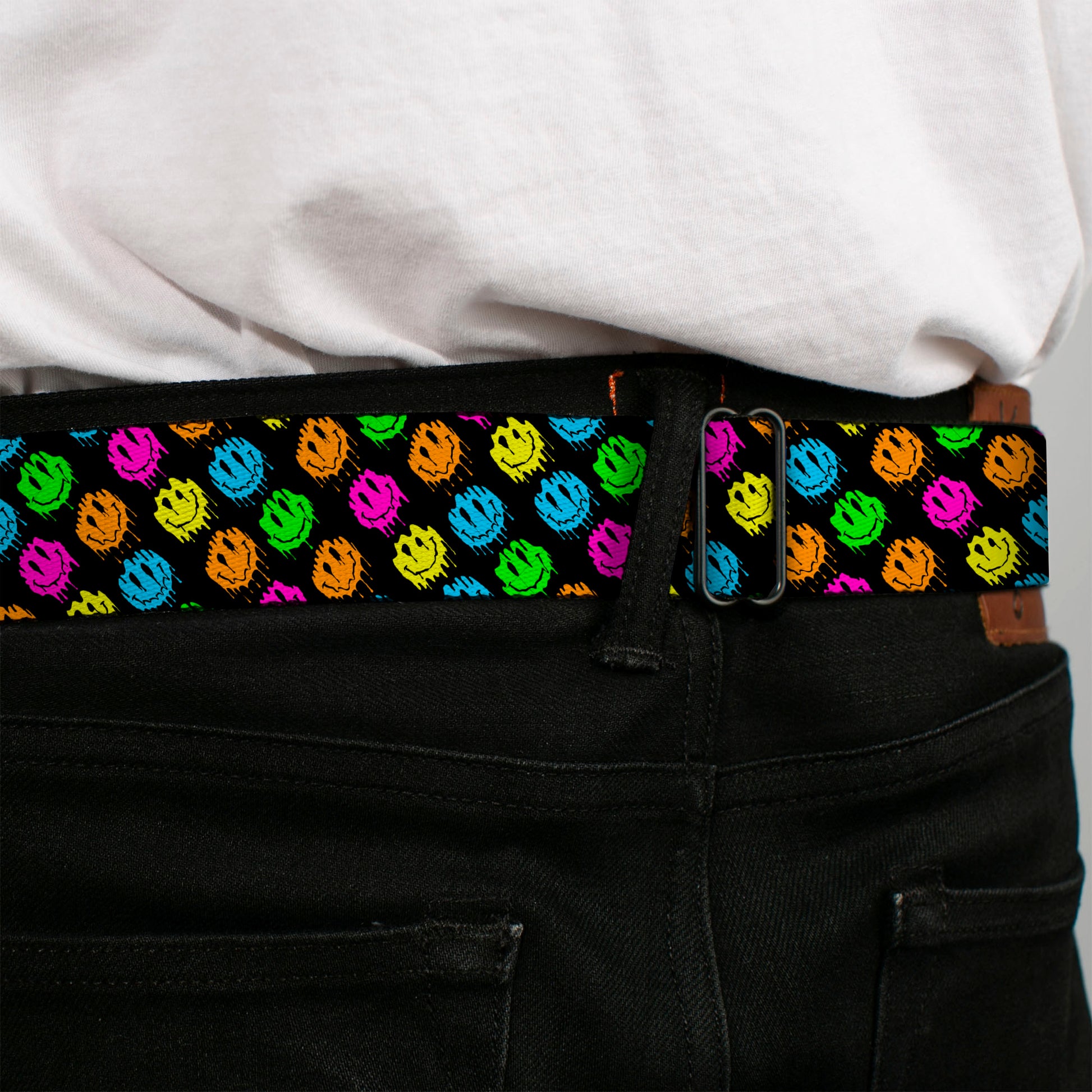 BD Wings Logo CLOSE-UP Black/Silver Seatbelt Belt - Smiley Faces Melted Mini Repeat Angle Black/Multi Neon Webbing Seatbelt Belts Buckle-Down
