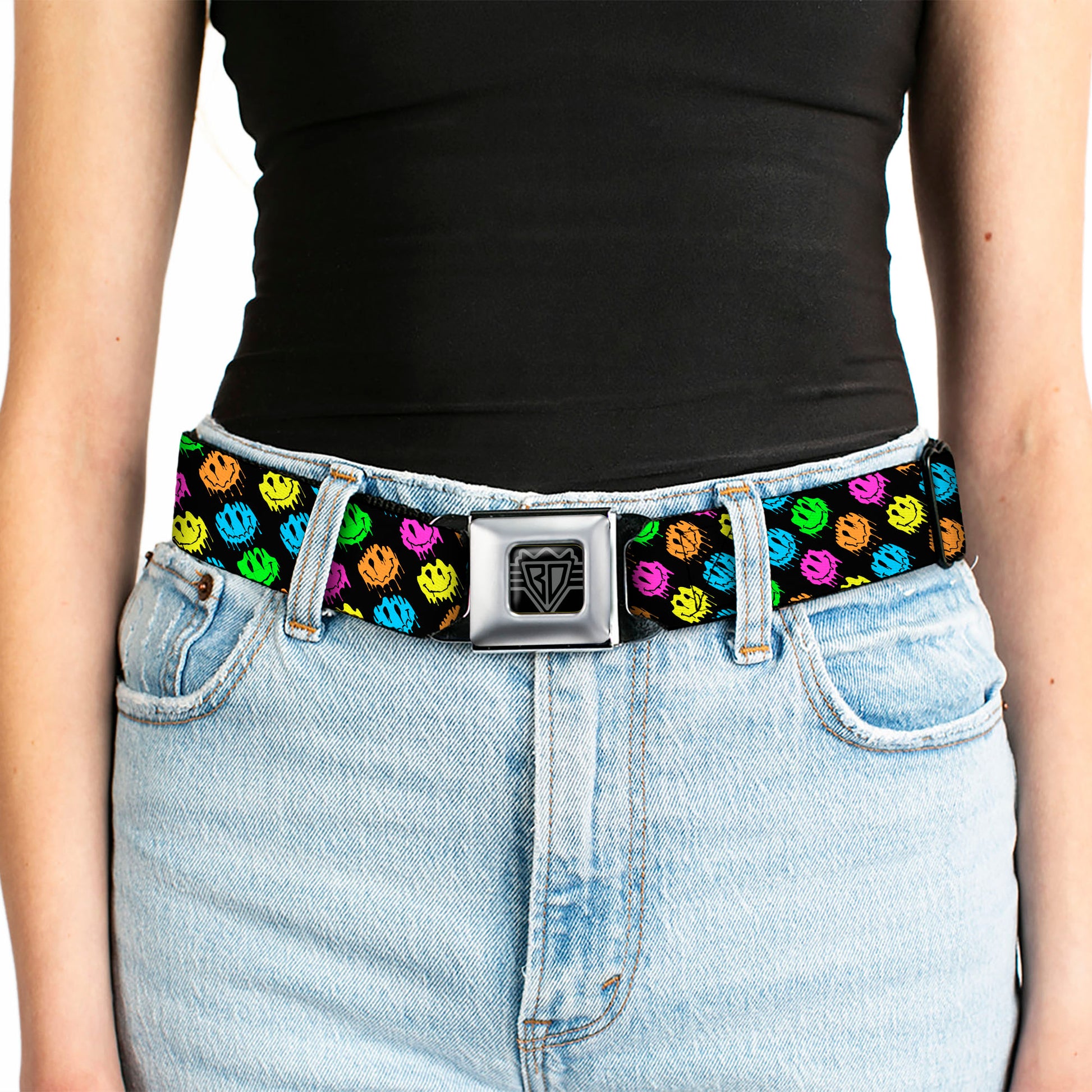 BD Wings Logo CLOSE-UP Black/Silver Seatbelt Belt - Smiley Faces Melted Mini Repeat Angle Black/Multi Neon Webbing Seatbelt Belts Buckle-Down