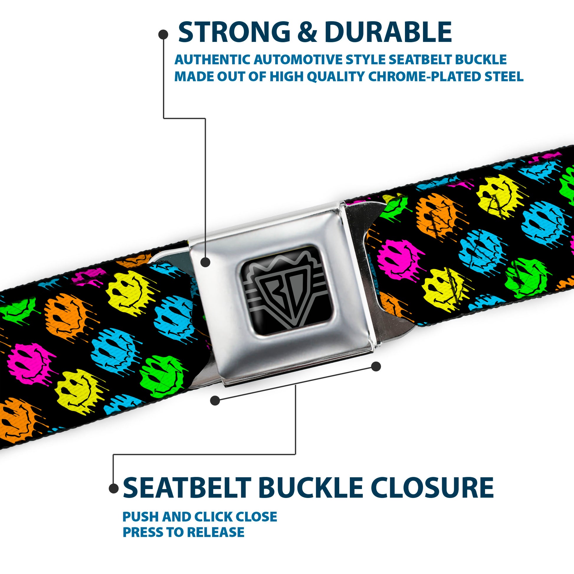 BD Wings Logo CLOSE-UP Black/Silver Seatbelt Belt - Smiley Faces Melted Mini Repeat Angle Black/Multi Neon Webbing Seatbelt Belts Buckle-Down