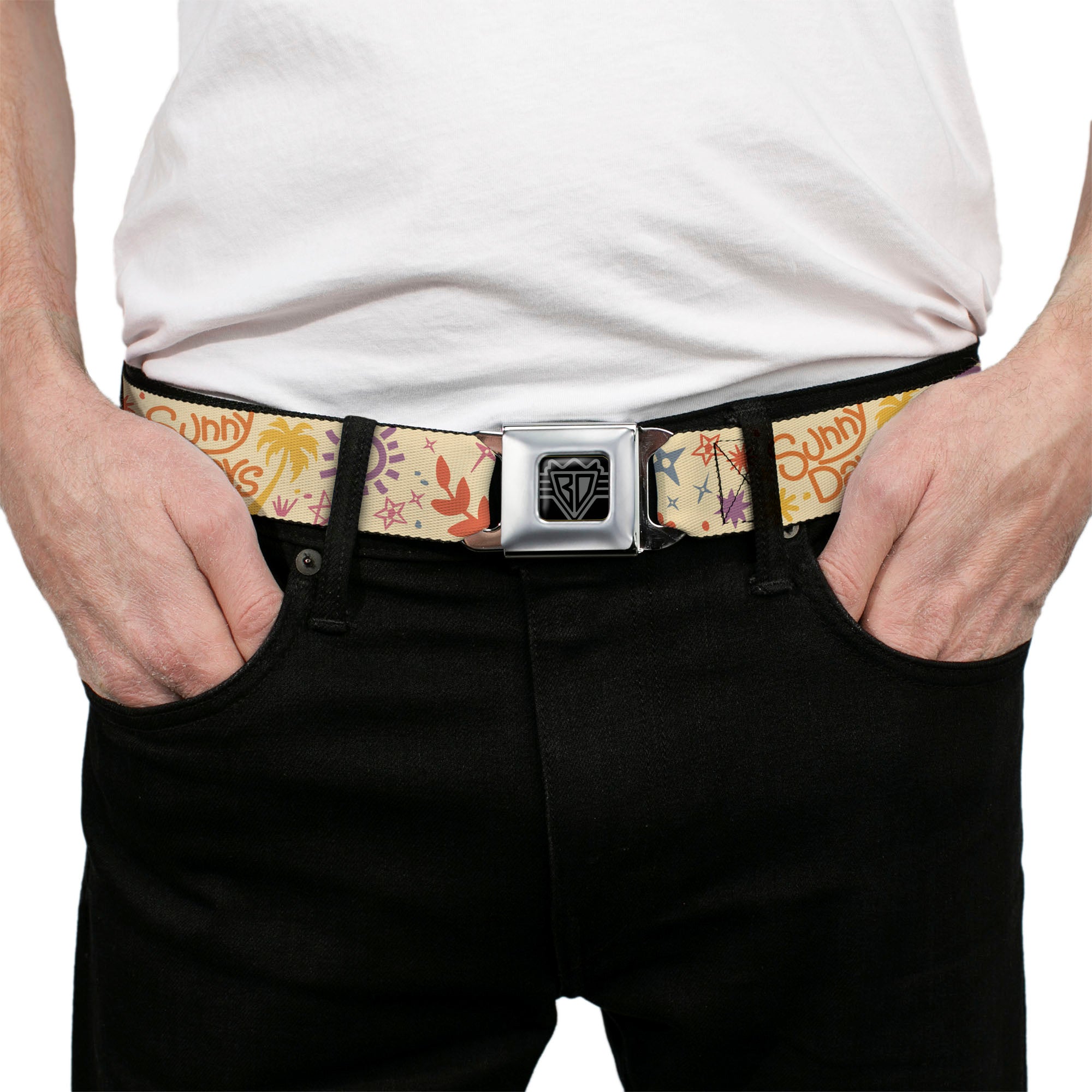 BD Wings Logo CLOSE-UP Black/Silver Seatbelt Belt - Summer Harmony Collage Beige/Multi Color Webbing Seatbelt Belts Buckle-Down