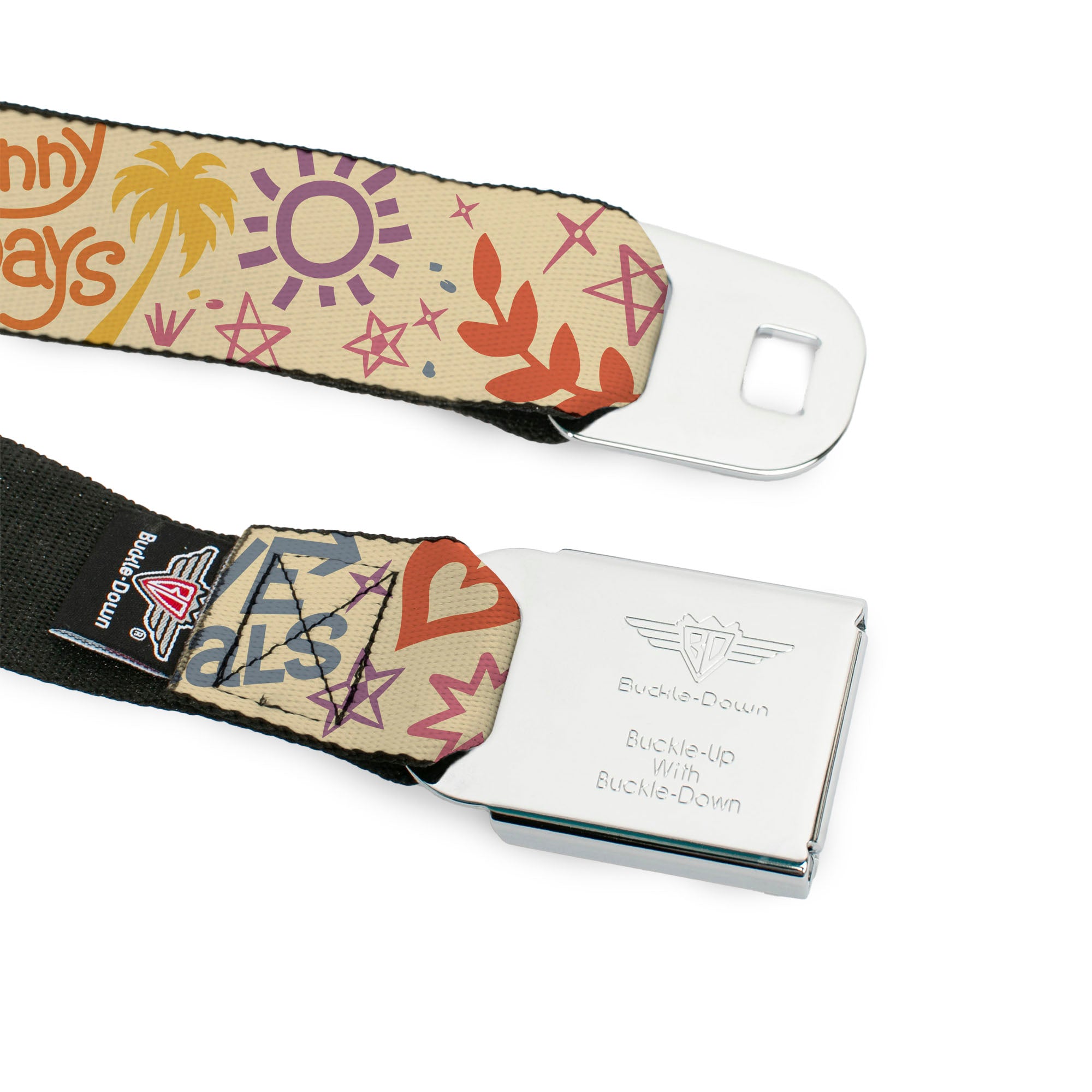BD Wings Logo CLOSE-UP Black/Silver Seatbelt Belt - Summer Harmony Collage Beige/Multi Color Webbing Seatbelt Belts Buckle-Down