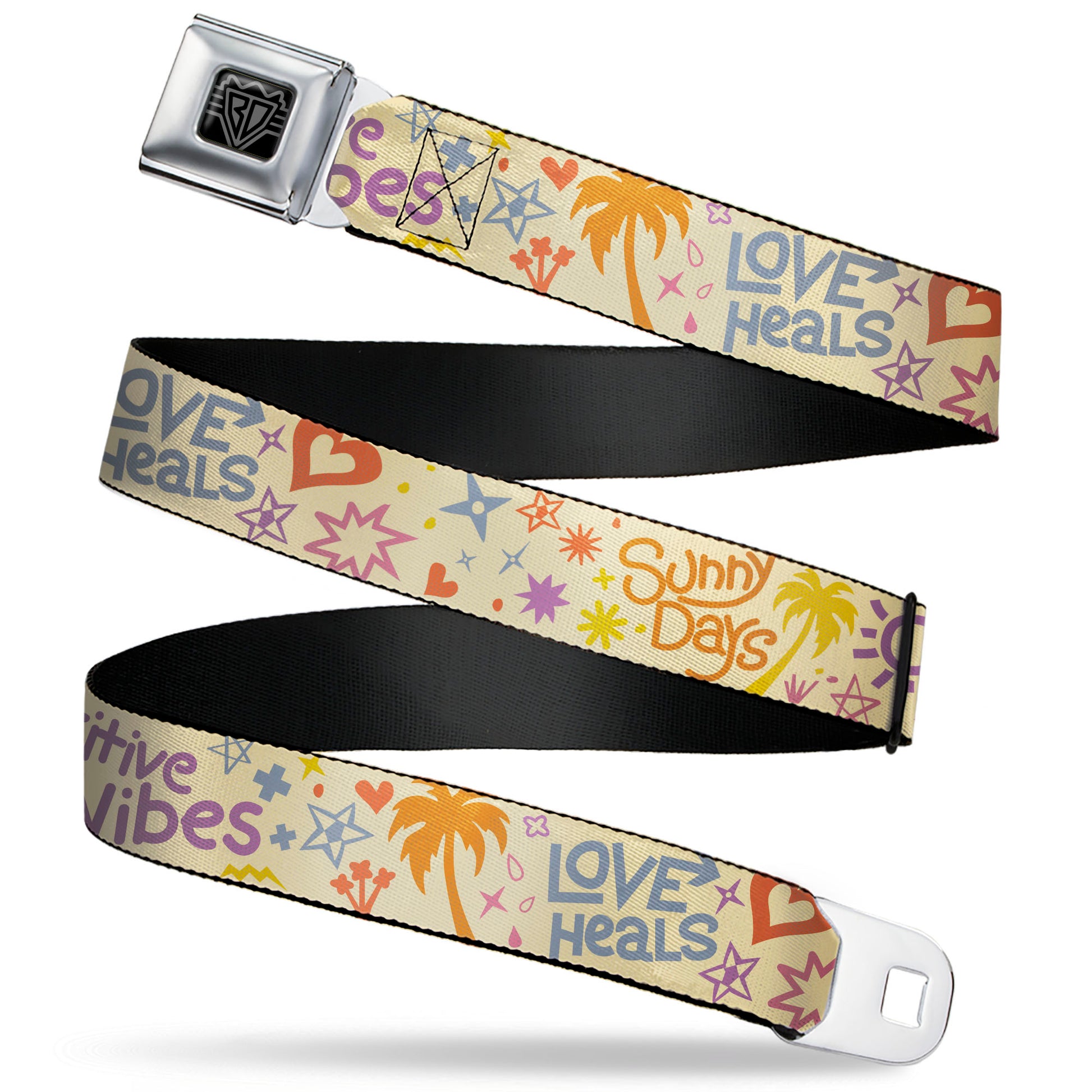 BD Wings Logo CLOSE-UP Black/Silver Seatbelt Belt - Summer Harmony Collage Beige/Multi Color Webbing Seatbelt Belts Buckle-Down