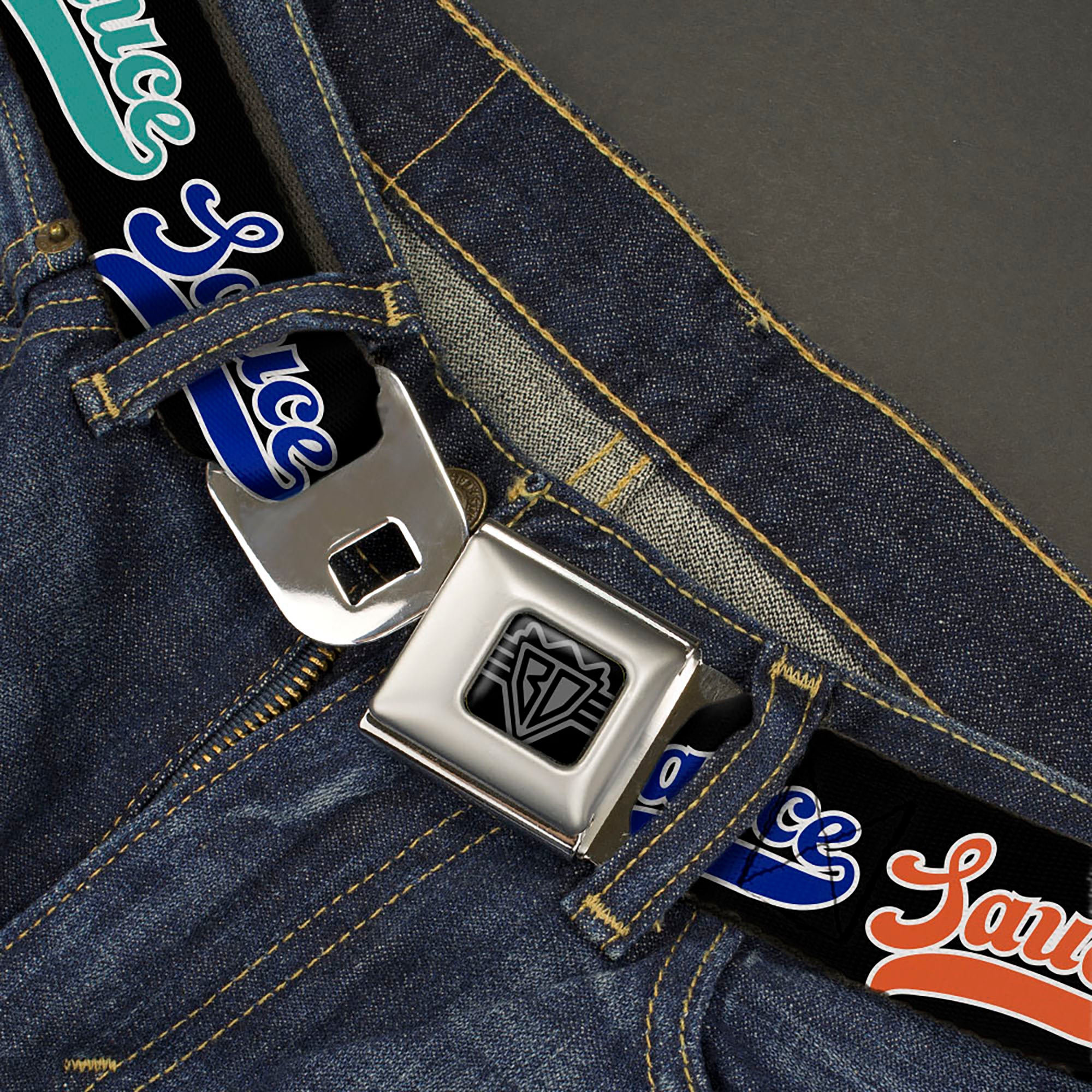 BD Wings Logo CLOSE-UP Black/Silver Seatbelt Belt - SAUCE Baseball Script Black/Multi Color Webbing Seatbelt Belts Buckle-Down