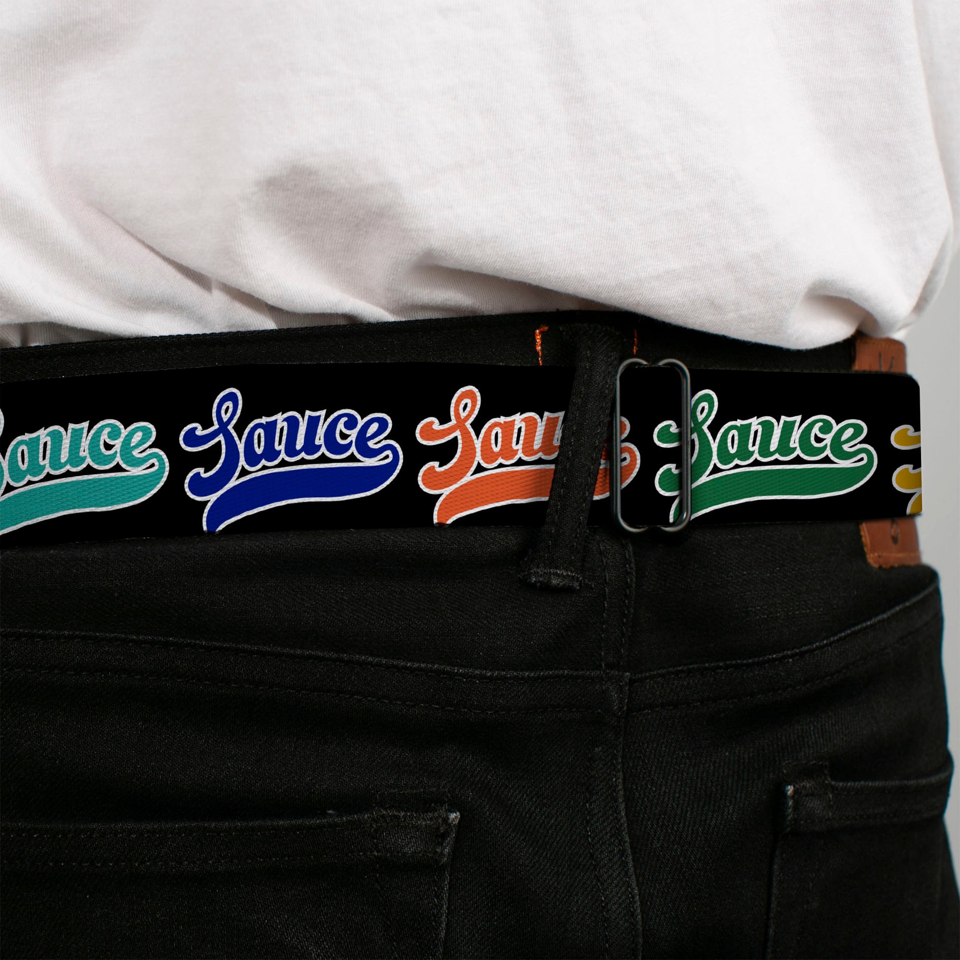 BD Wings Logo CLOSE-UP Black/Silver Seatbelt Belt - SAUCE Baseball Script Black/Multi Color Webbing Seatbelt Belts Buckle-Down