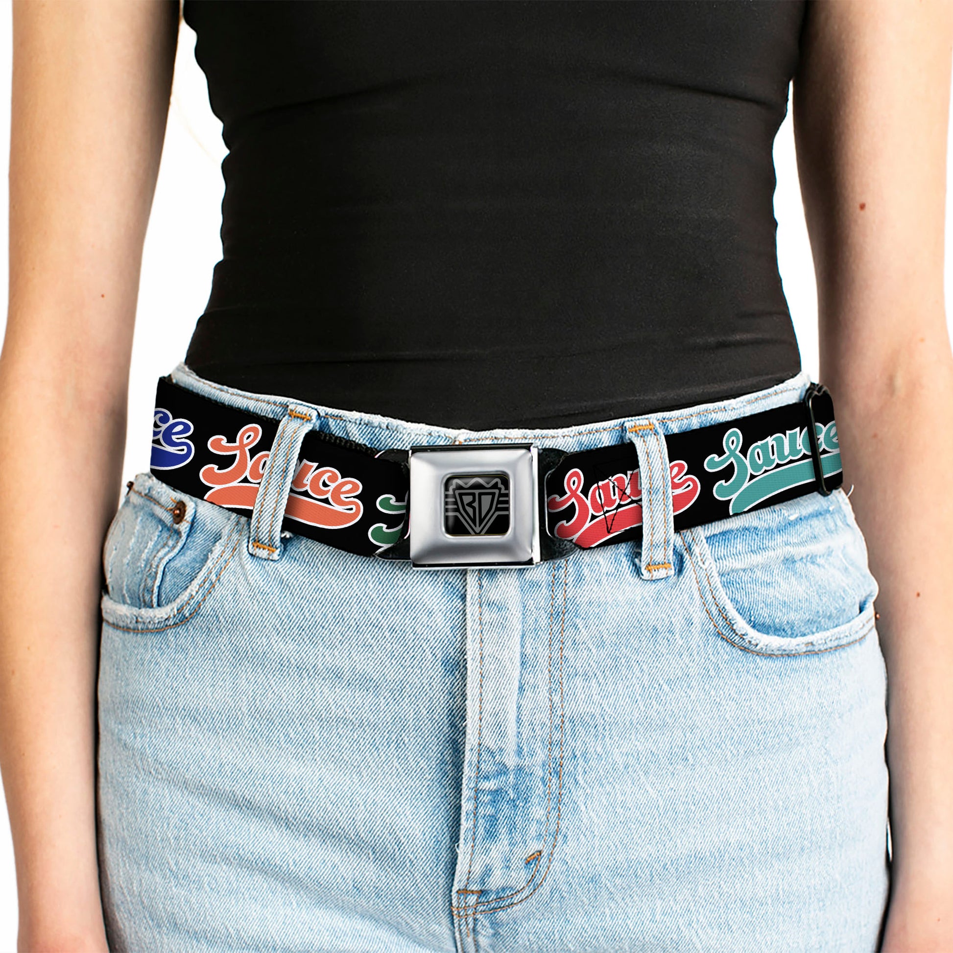 BD Wings Logo CLOSE-UP Black/Silver Seatbelt Belt - SAUCE Baseball Script Black/Multi Color Webbing Seatbelt Belts Buckle-Down