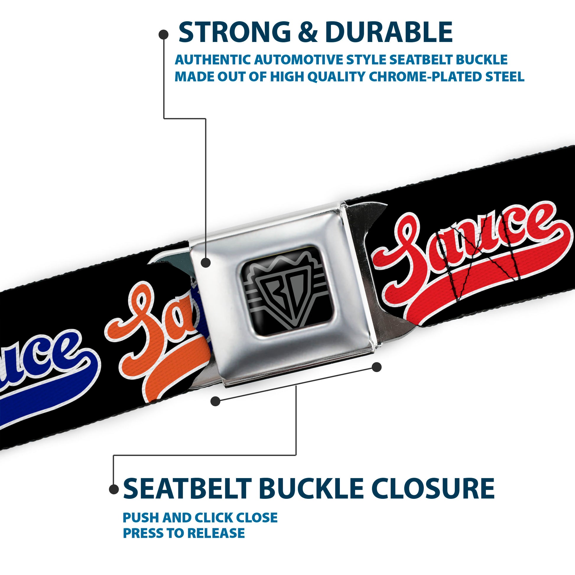 BD Wings Logo CLOSE-UP Black/Silver Seatbelt Belt - SAUCE Baseball Script Black/Multi Color Webbing Seatbelt Belts Buckle-Down