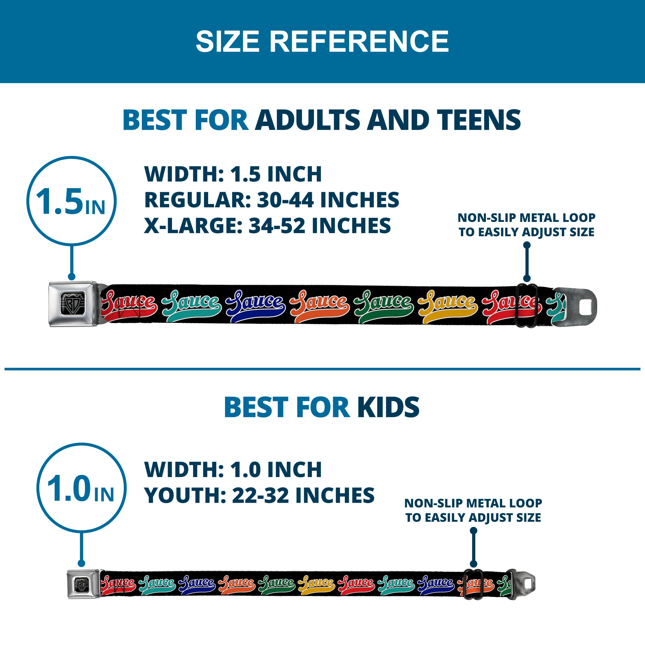 BD Wings Logo CLOSE-UP Black/Silver Seatbelt Belt - SAUCE Baseball Script Black/Multi Color Webbing Seatbelt Belts Buckle-Down