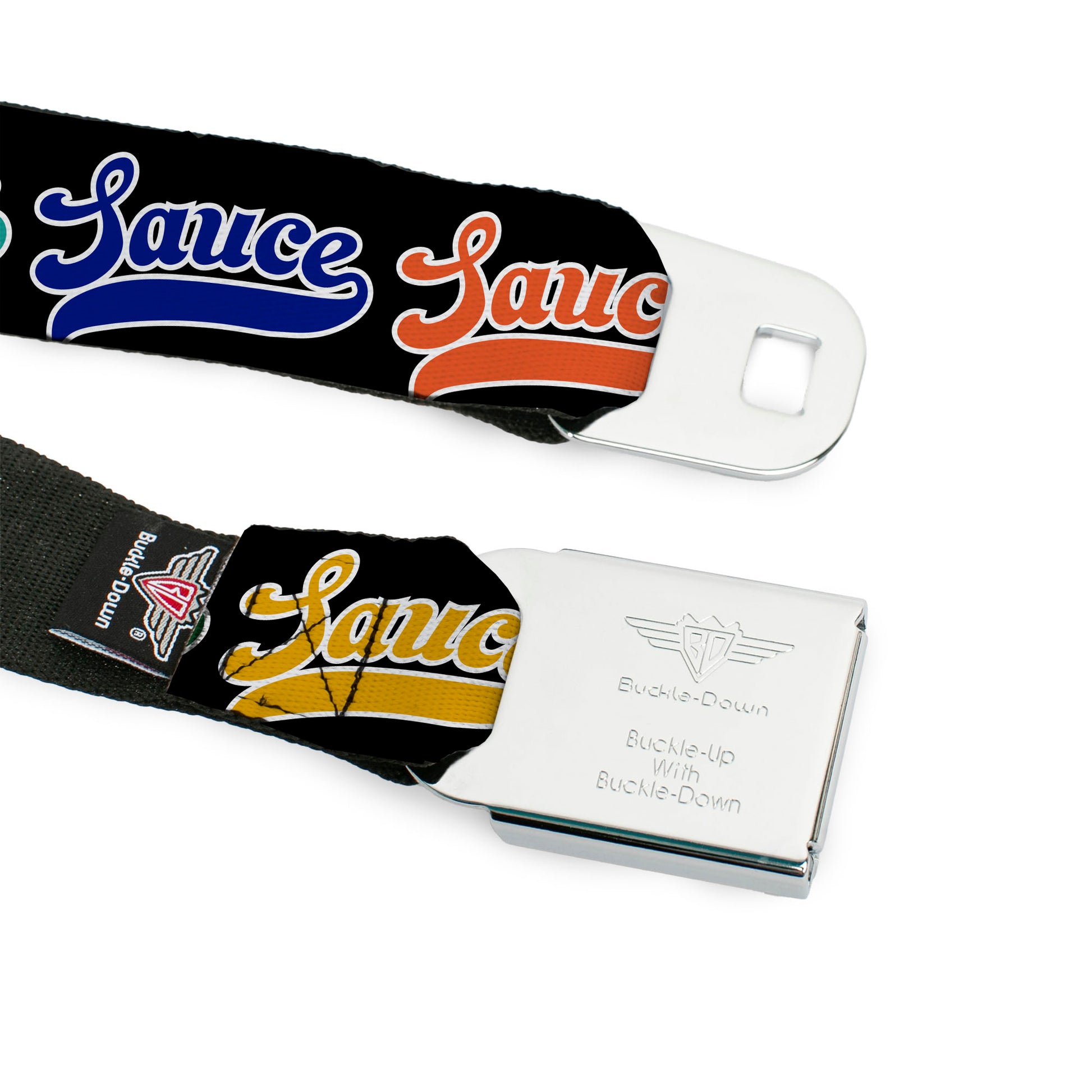 BD Wings Logo CLOSE-UP Black/Silver Seatbelt Belt - SAUCE Baseball Script Black/Multi Color Webbing Seatbelt Belts Buckle-Down