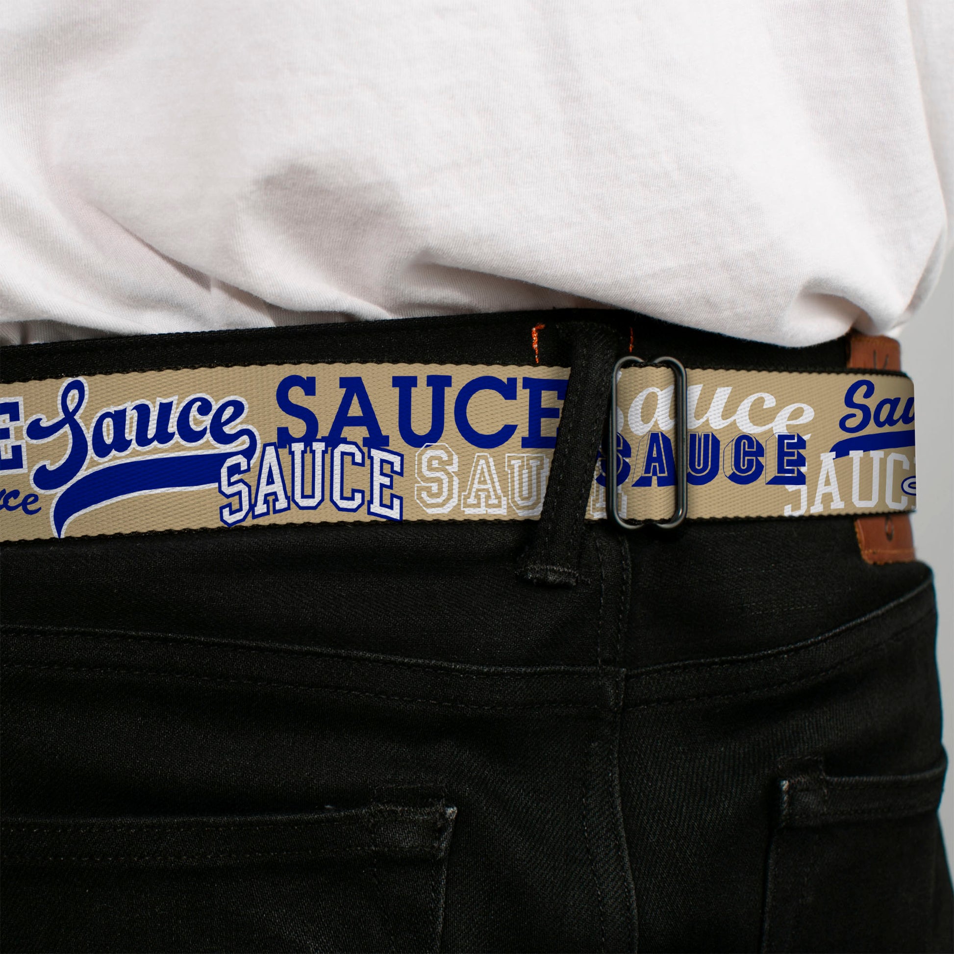 BD Wings Logo CLOSE-UP Black/Silver Seatbelt Belt - SAUCE Typography Collage Tan/White/Blue Webbing Seatbelt Belts Buckle-Down