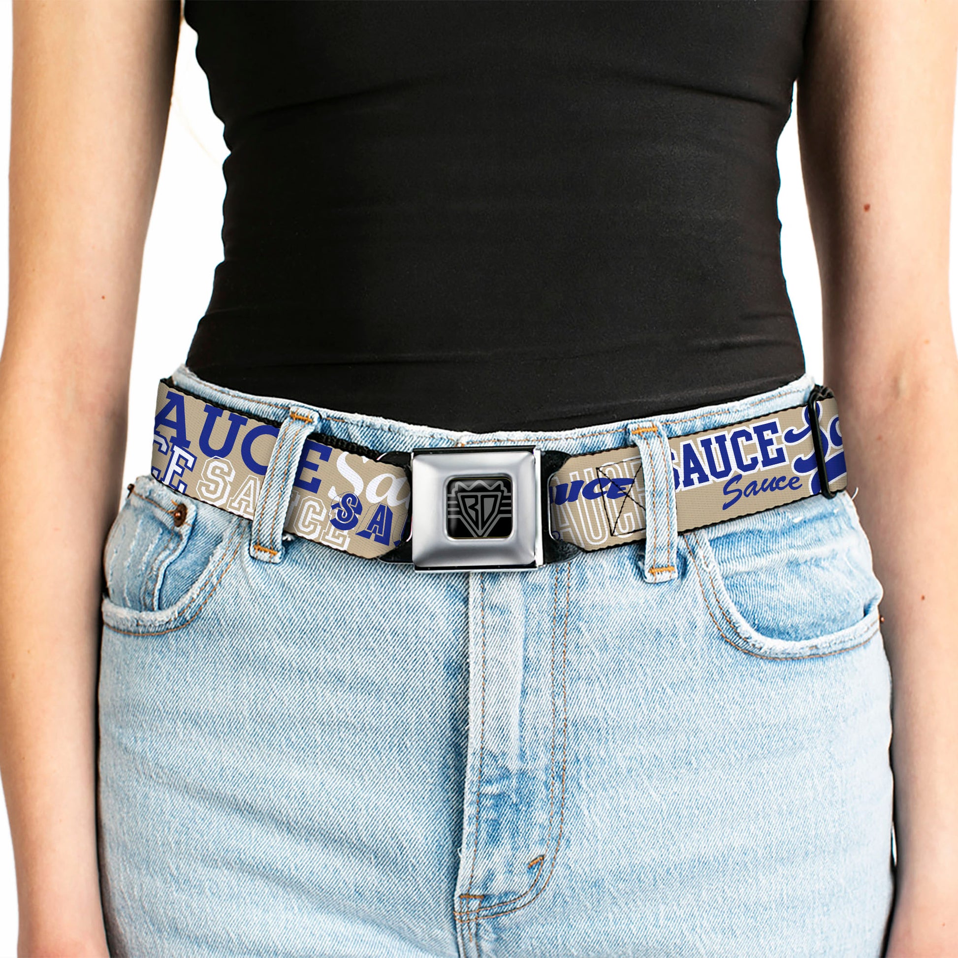 BD Wings Logo CLOSE-UP Black/Silver Seatbelt Belt - SAUCE Typography Collage Tan/White/Blue Webbing Seatbelt Belts Buckle-Down