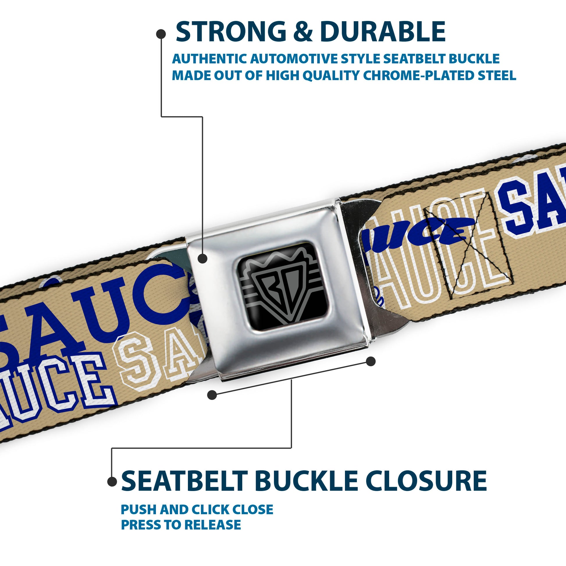 BD Wings Logo CLOSE-UP Black/Silver Seatbelt Belt - SAUCE Typography Collage Tan/White/Blue Webbing Seatbelt Belts Buckle-Down
