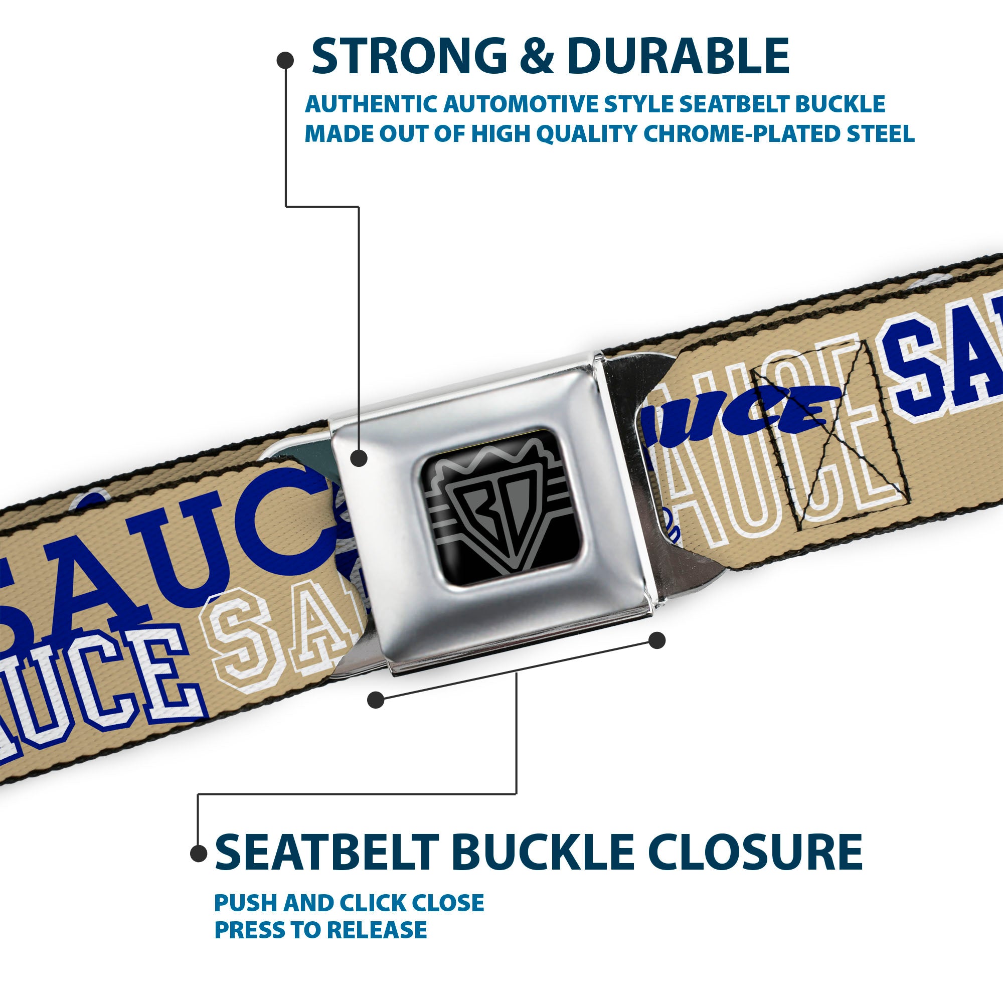 BD Wings Logo CLOSE-UP Black/Silver Seatbelt Belt - SAUCE Typography Collage Tan/White/Blue Webbing Seatbelt Belts Buckle-Down