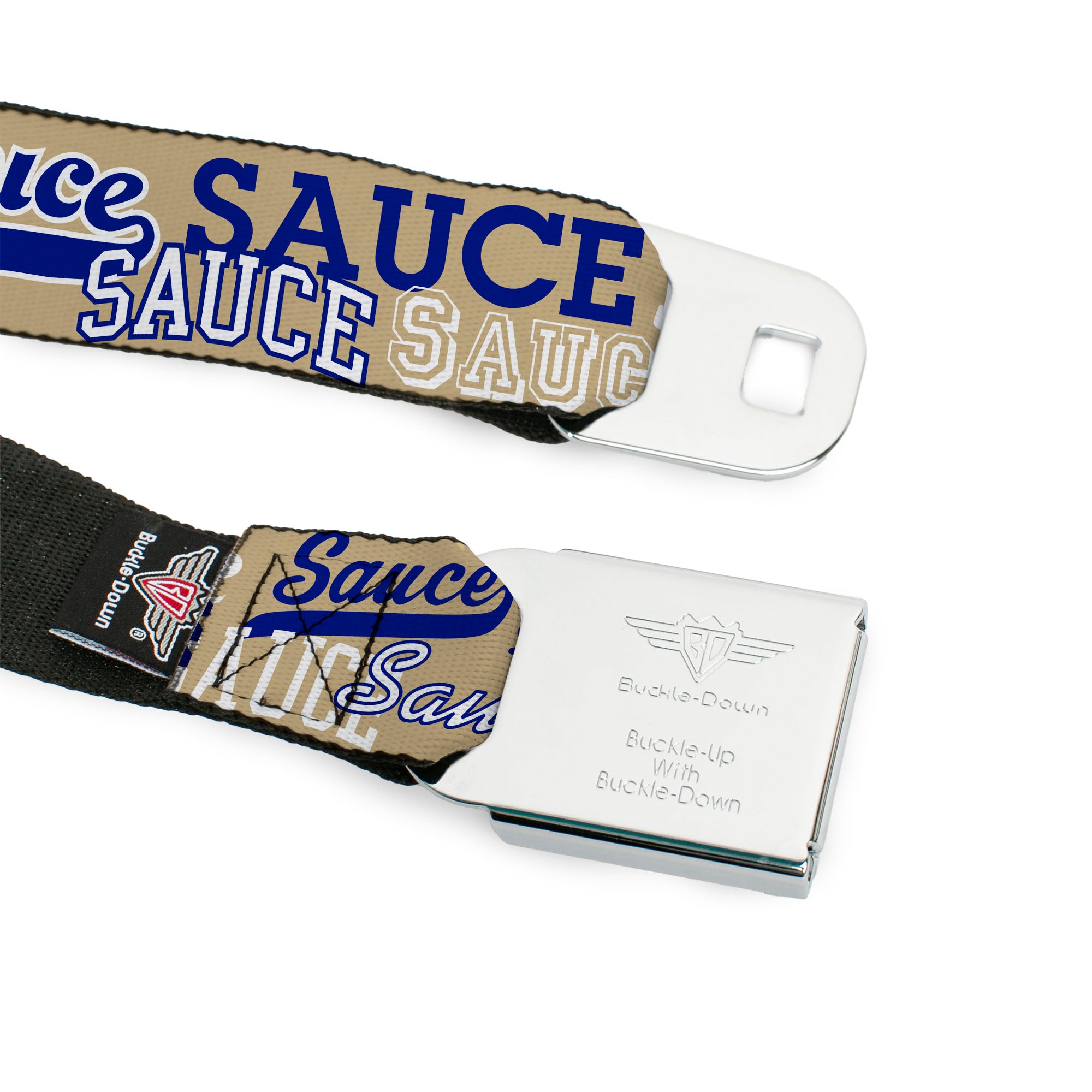 BD Wings Logo CLOSE-UP Black/Silver Seatbelt Belt - SAUCE Typography Collage Tan/White/Blue Webbing Seatbelt Belts Buckle-Down