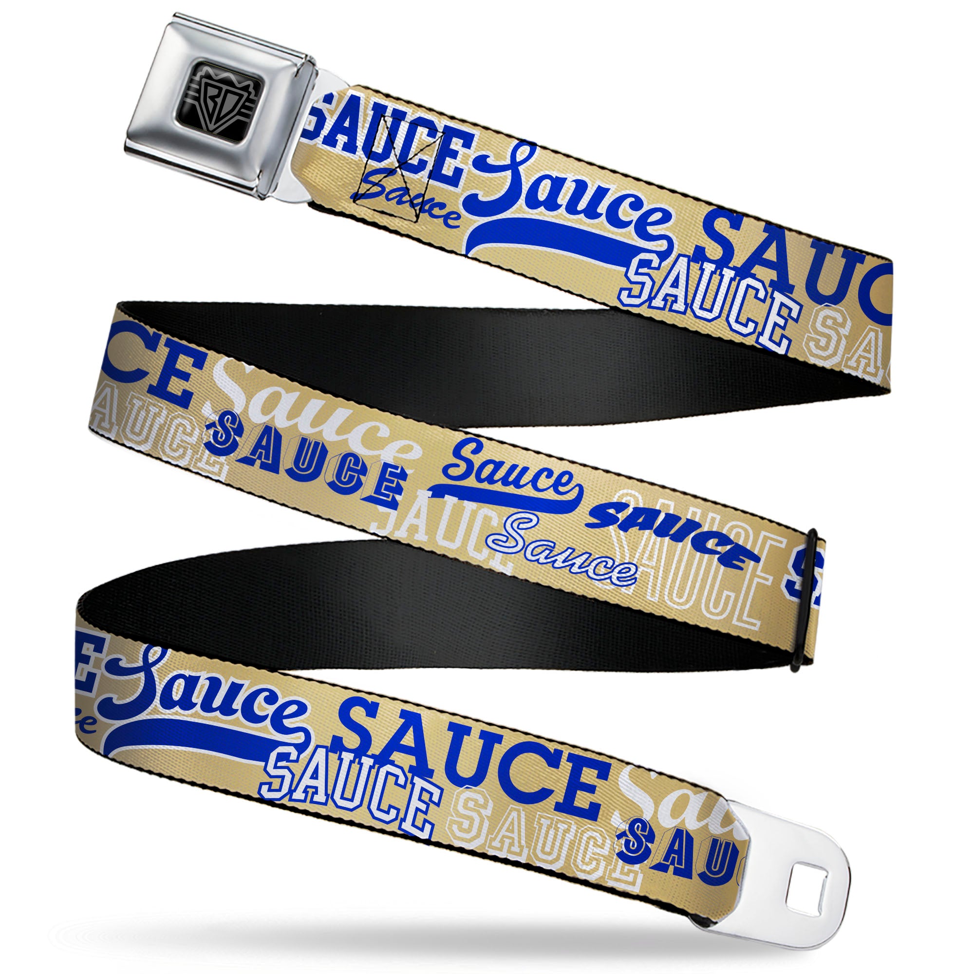 BD Wings Logo CLOSE-UP Black/Silver Seatbelt Belt - SAUCE Typography Collage Tan/White/Blue Webbing Seatbelt Belts Buckle-Down