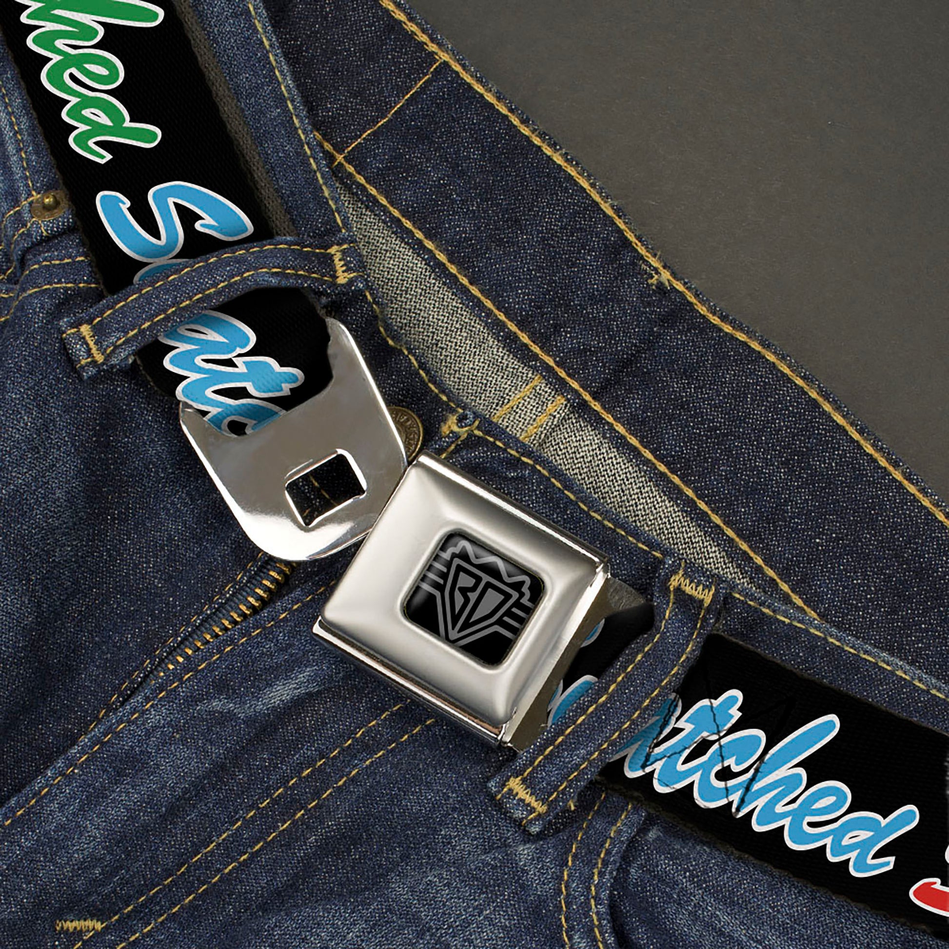 BD Wings Logo CLOSE-UP Black/Silver Seatbelt Belt - SNATCHED Script Black/Multi Color Webbing Seatbelt Belts Buckle-Down