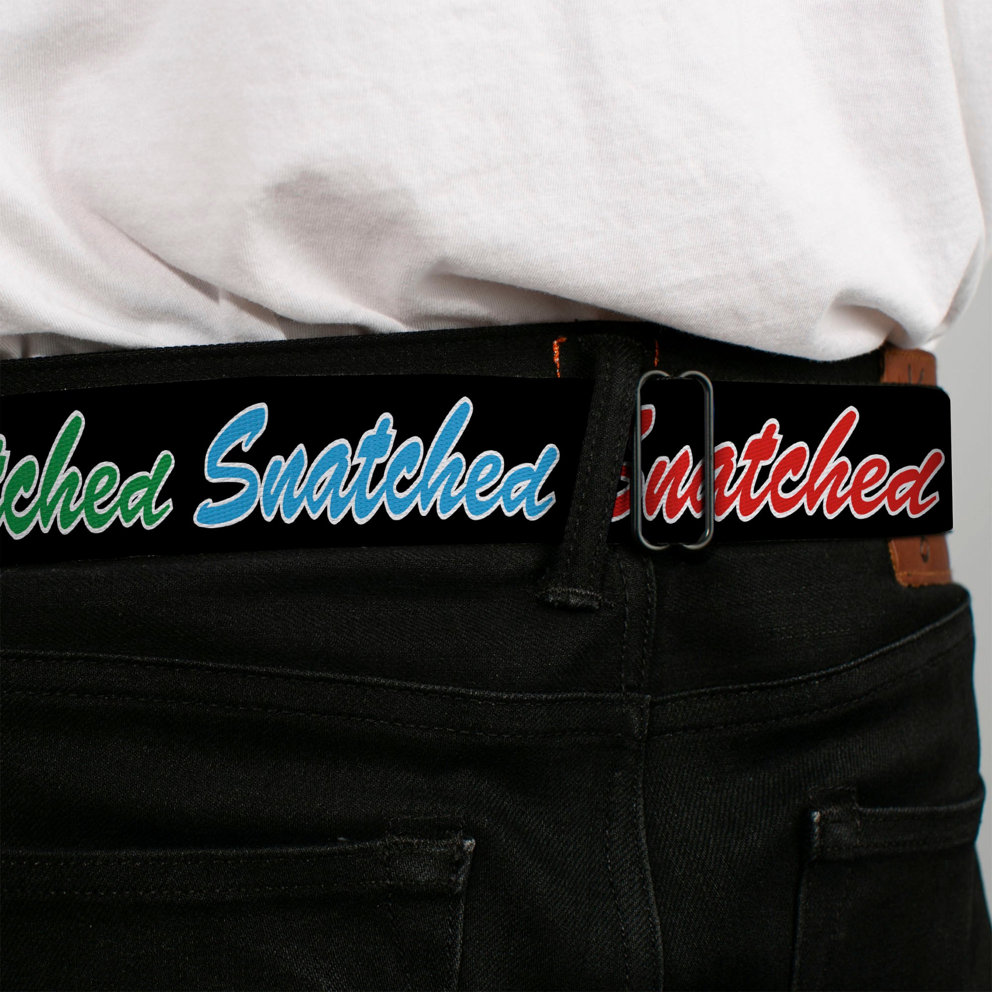 BD Wings Logo CLOSE-UP Black/Silver Seatbelt Belt - SNATCHED Script Black/Multi Color Webbing Seatbelt Belts Buckle-Down