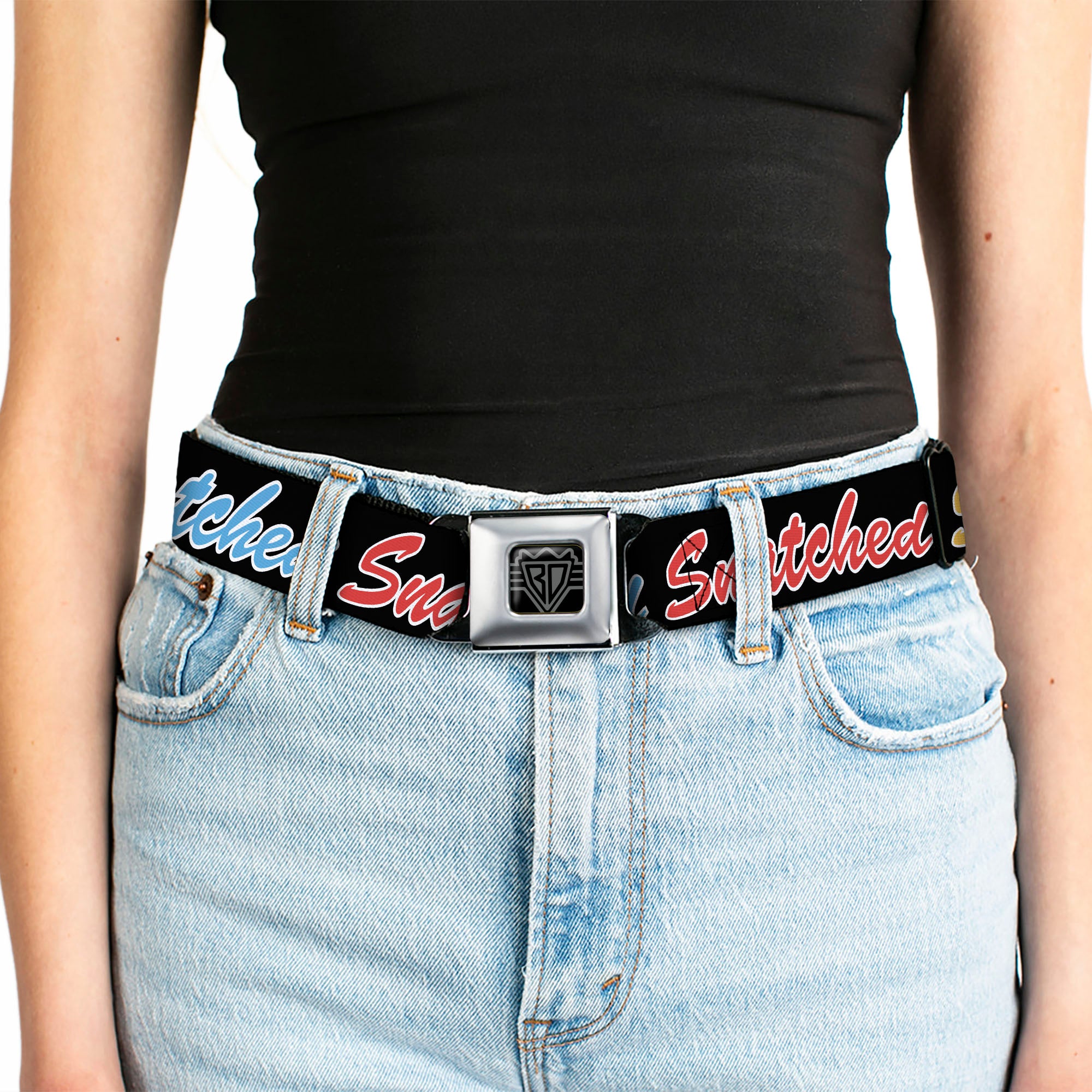 BD Wings Logo CLOSE-UP Black/Silver Seatbelt Belt - SNATCHED Script Black/Multi Color Webbing Seatbelt Belts Buckle-Down
