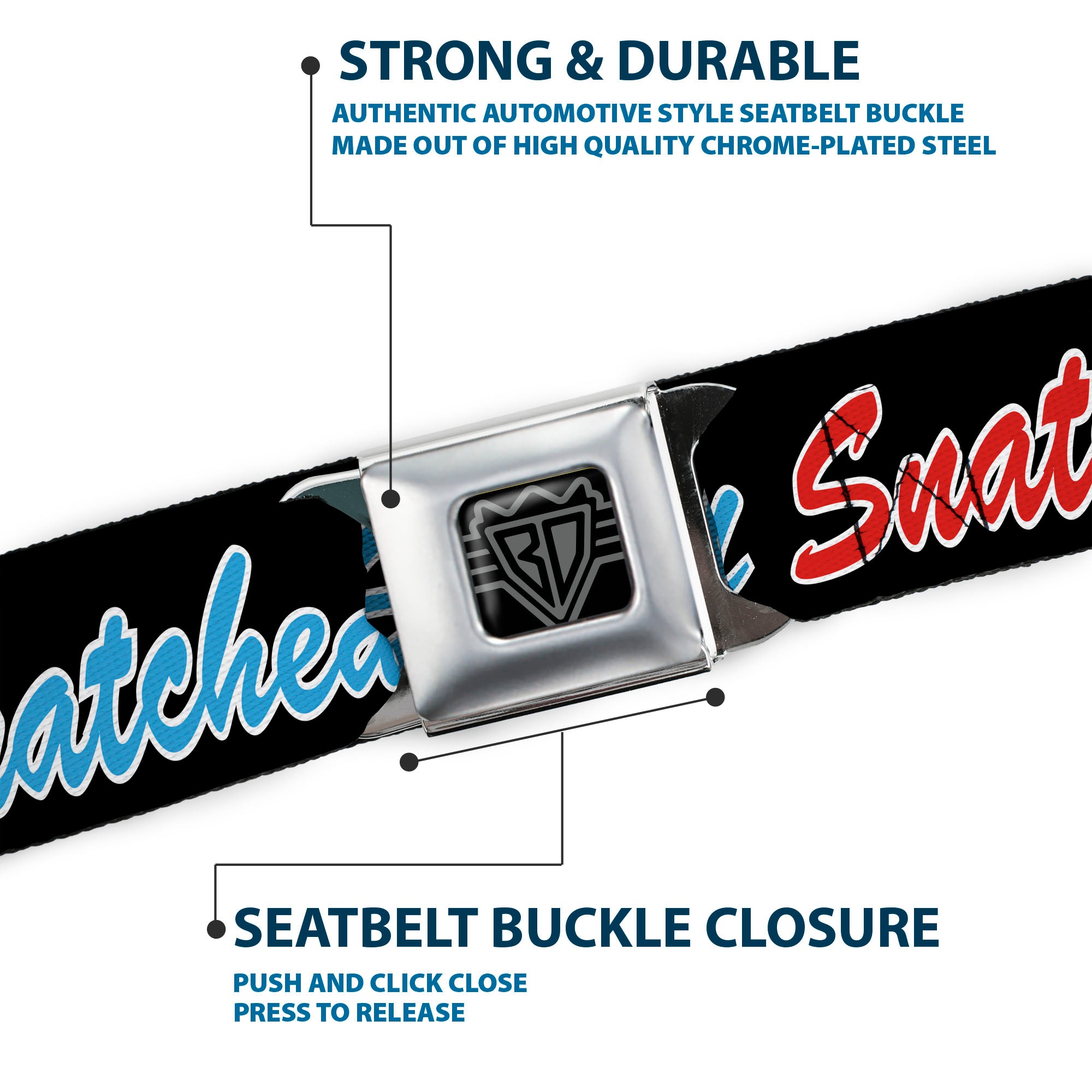 BD Wings Logo CLOSE-UP Black/Silver Seatbelt Belt - SNATCHED Script Black/Multi Color Webbing Seatbelt Belts Buckle-Down