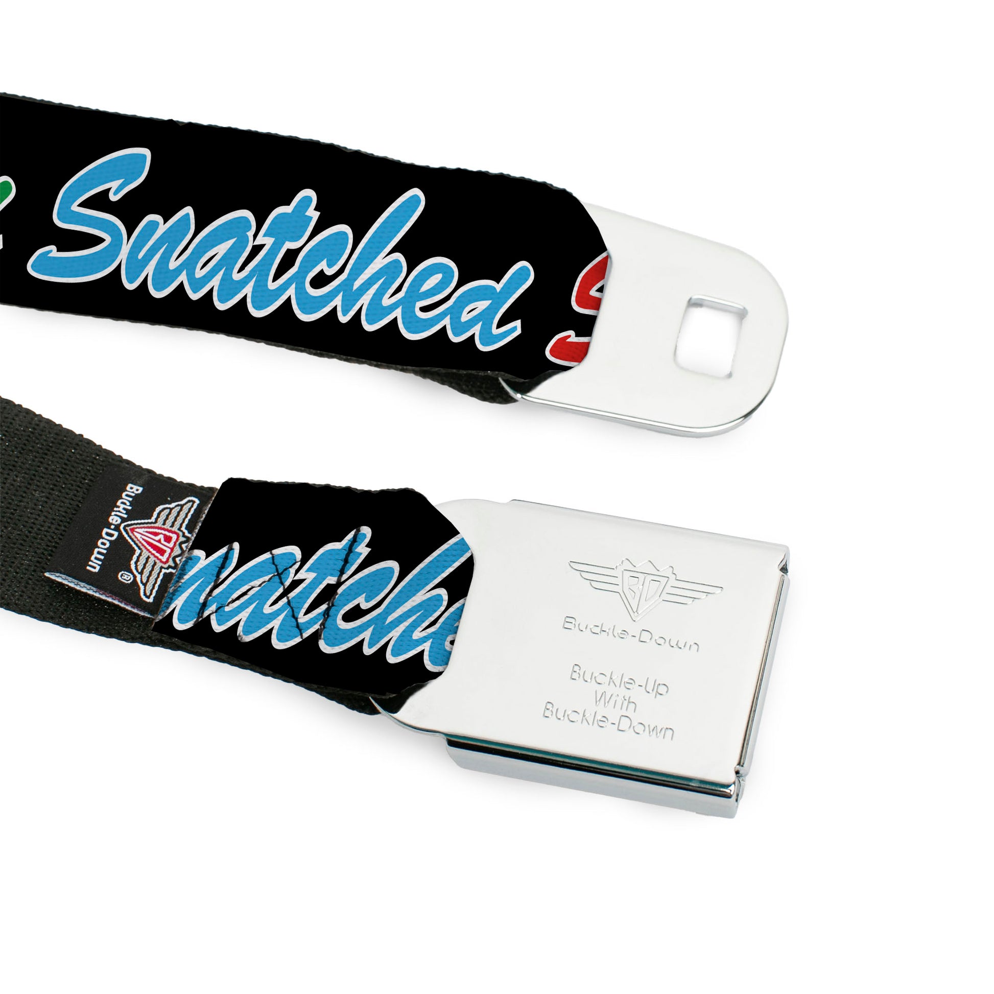 BD Wings Logo CLOSE-UP Black/Silver Seatbelt Belt - SNATCHED Script Black/Multi Color Webbing Seatbelt Belts Buckle-Down
