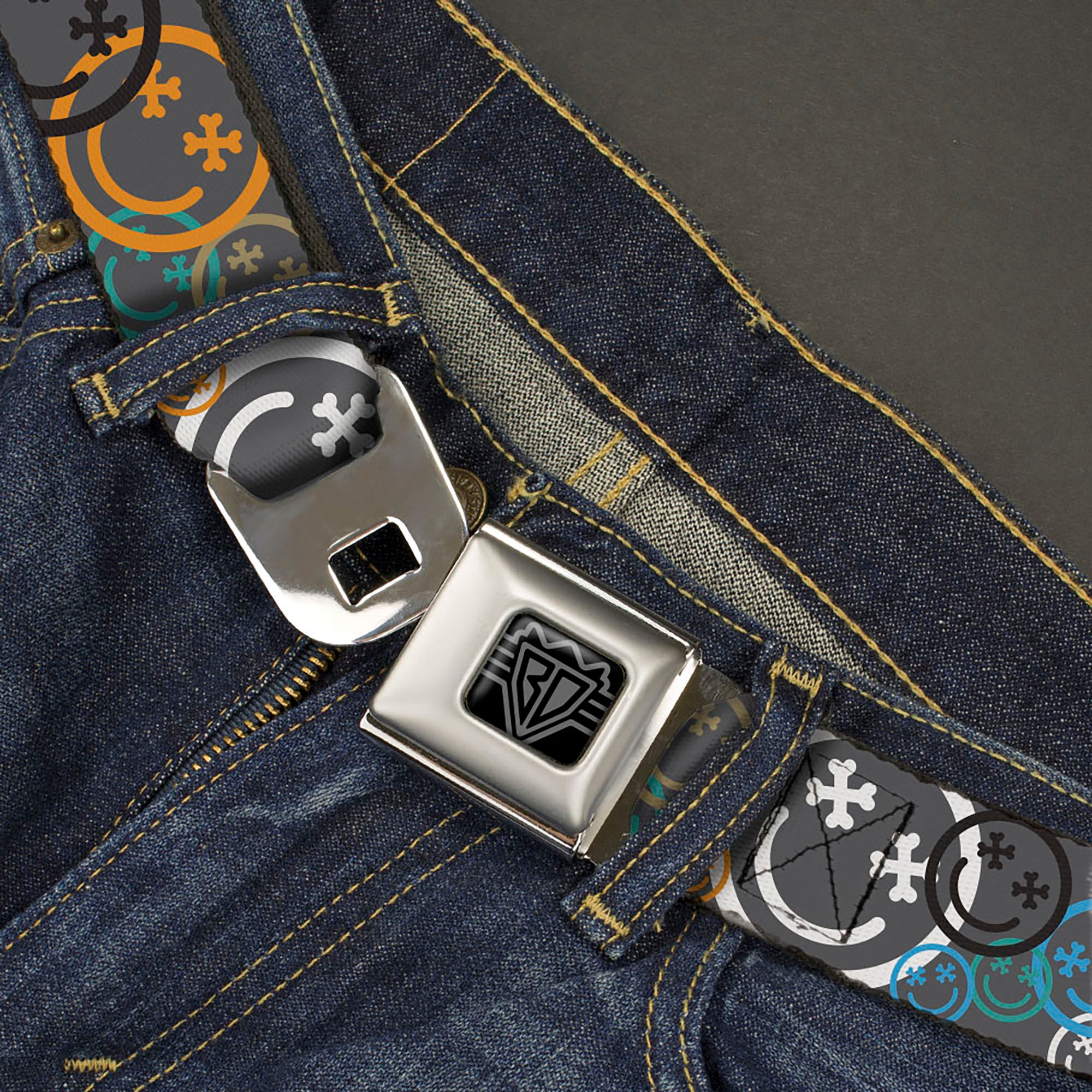 BD Wings Logo CLOSE-UP Black/Silver Seatbelt Belt - Smiley Face Crossbones Stacked Gray/Multi Color Webbing Seatbelt Belts Buckle-Down