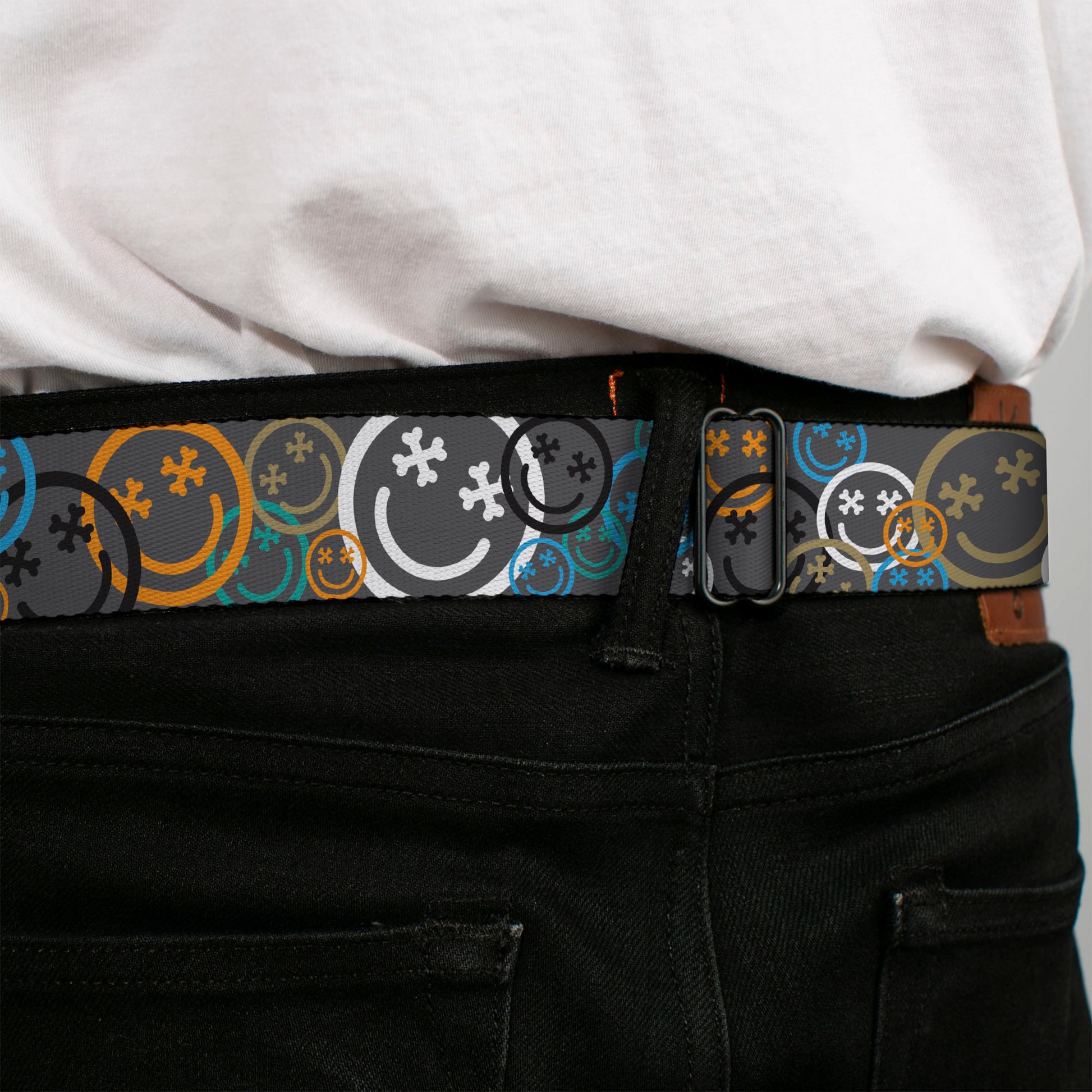 BD Wings Logo CLOSE-UP Black/Silver Seatbelt Belt - Smiley Face Crossbones Stacked Gray/Multi Color Webbing Seatbelt Belts Buckle-Down