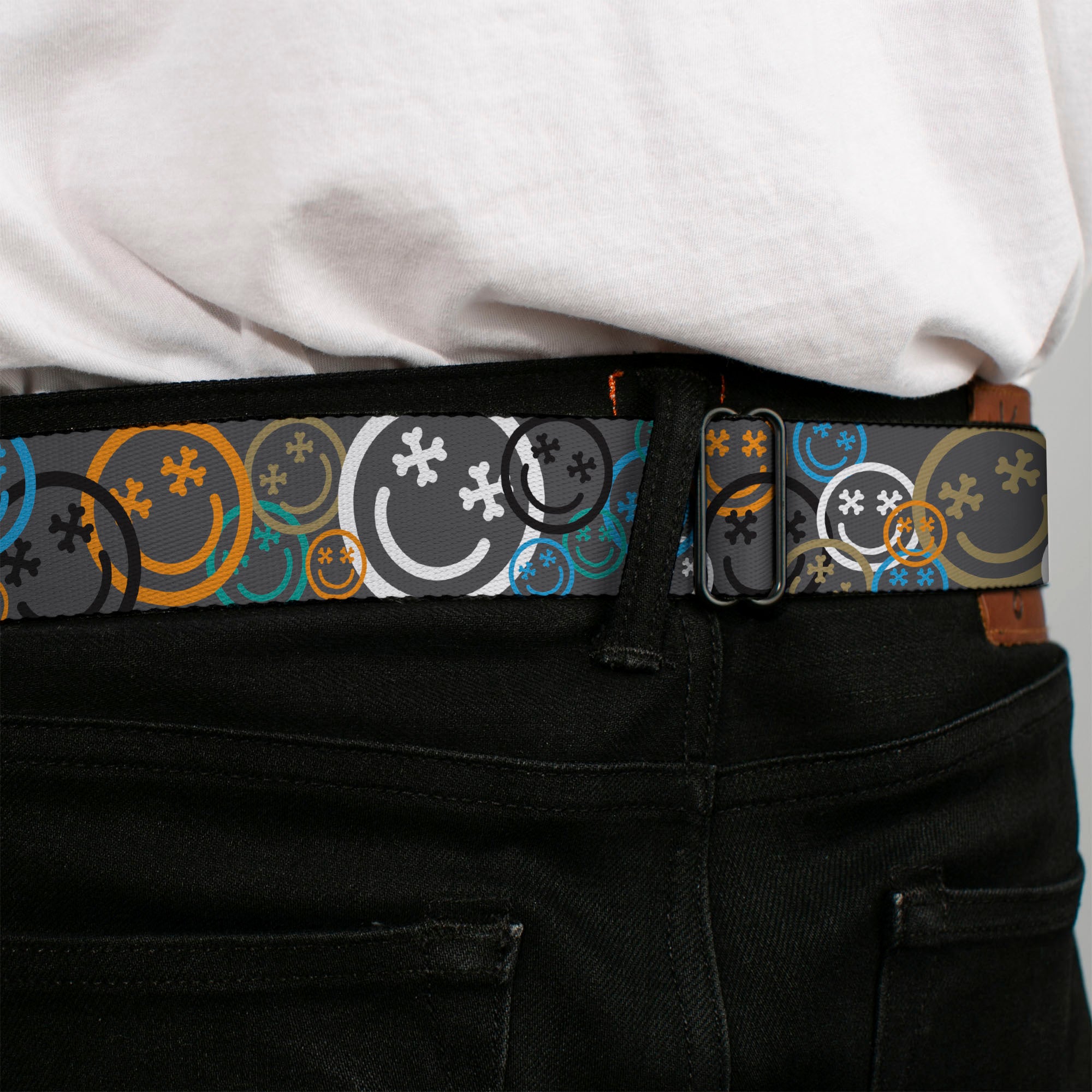BD Wings Logo CLOSE-UP Black/Silver Seatbelt Belt - Smiley Face Crossbones Stacked Gray/Multi Color Webbing Seatbelt Belts Buckle-Down