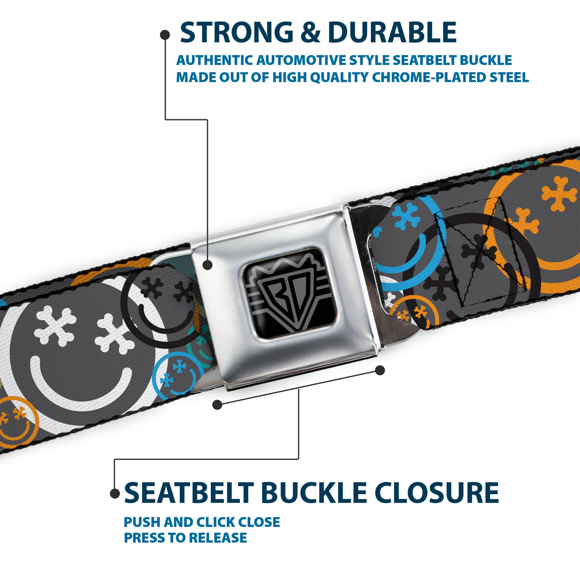 BD Wings Logo CLOSE-UP Black/Silver Seatbelt Belt - Smiley Face Crossbones Stacked Gray/Multi Color Webbing Seatbelt Belts Buckle-Down