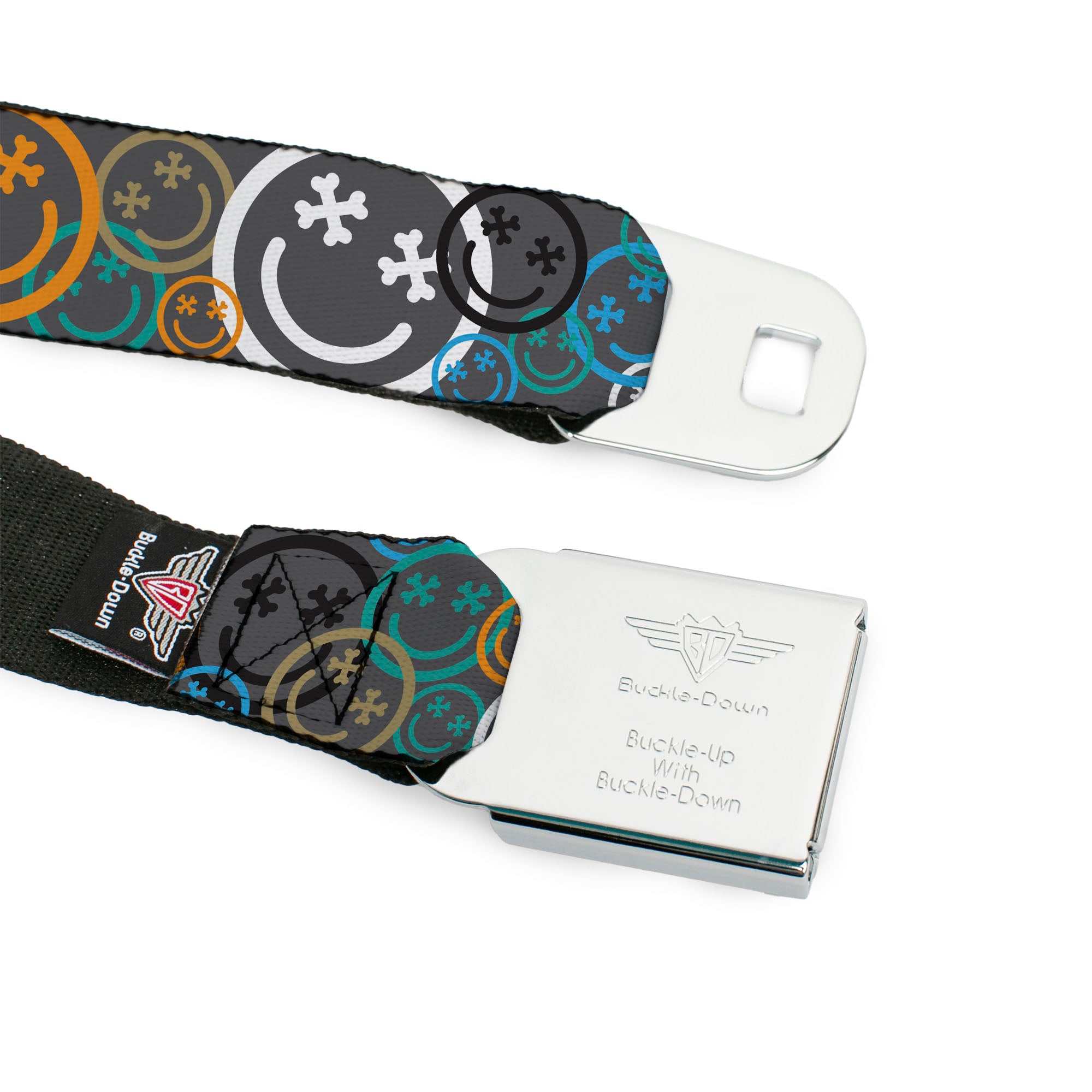 BD Wings Logo CLOSE-UP Black/Silver Seatbelt Belt - Smiley Face Crossbones Stacked Gray/Multi Color Webbing Seatbelt Belts Buckle-Down