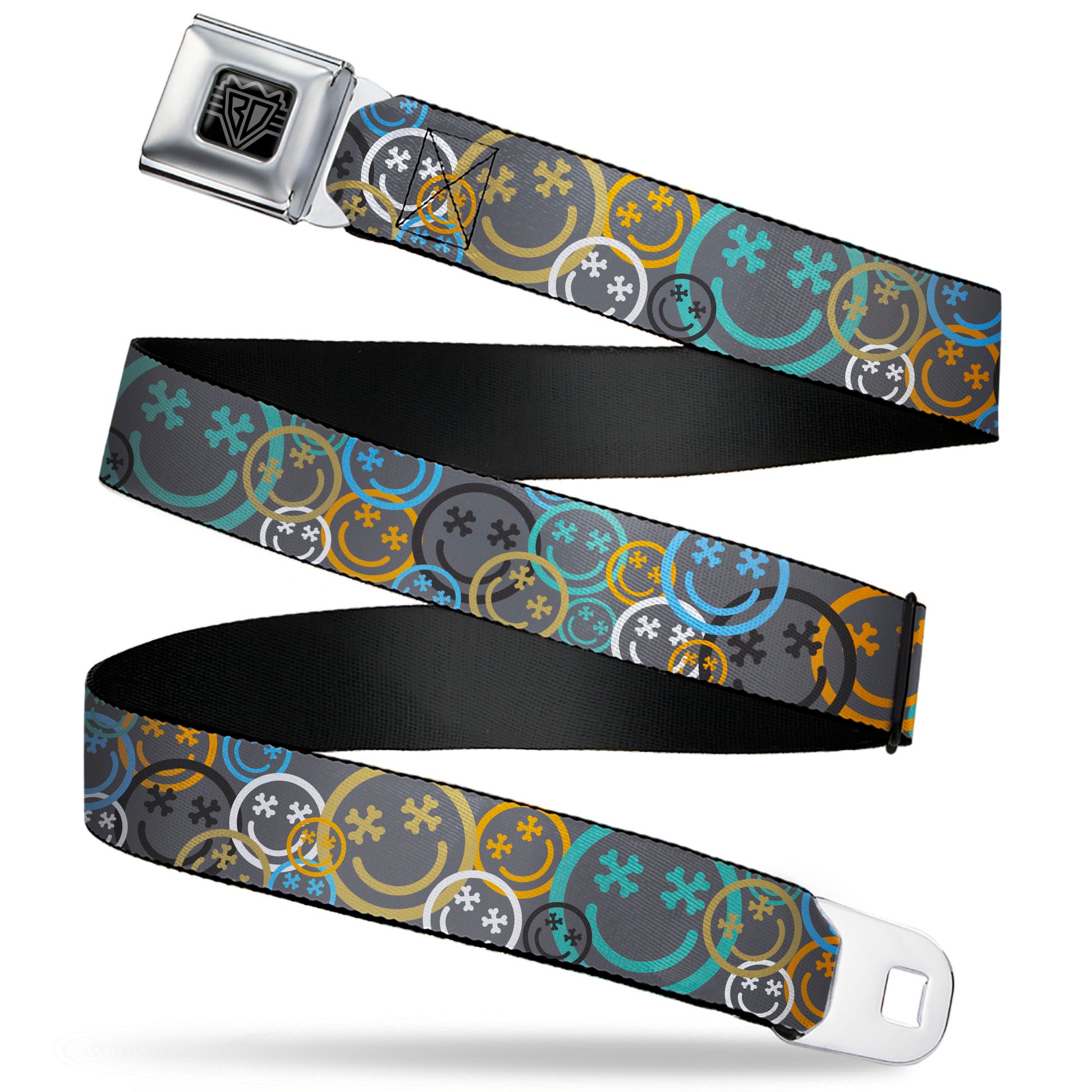 BD Wings Logo CLOSE-UP Black/Silver Seatbelt Belt - Smiley Face Crossbones Stacked Gray/Multi Color Webbing Seatbelt Belts Buckle-Down