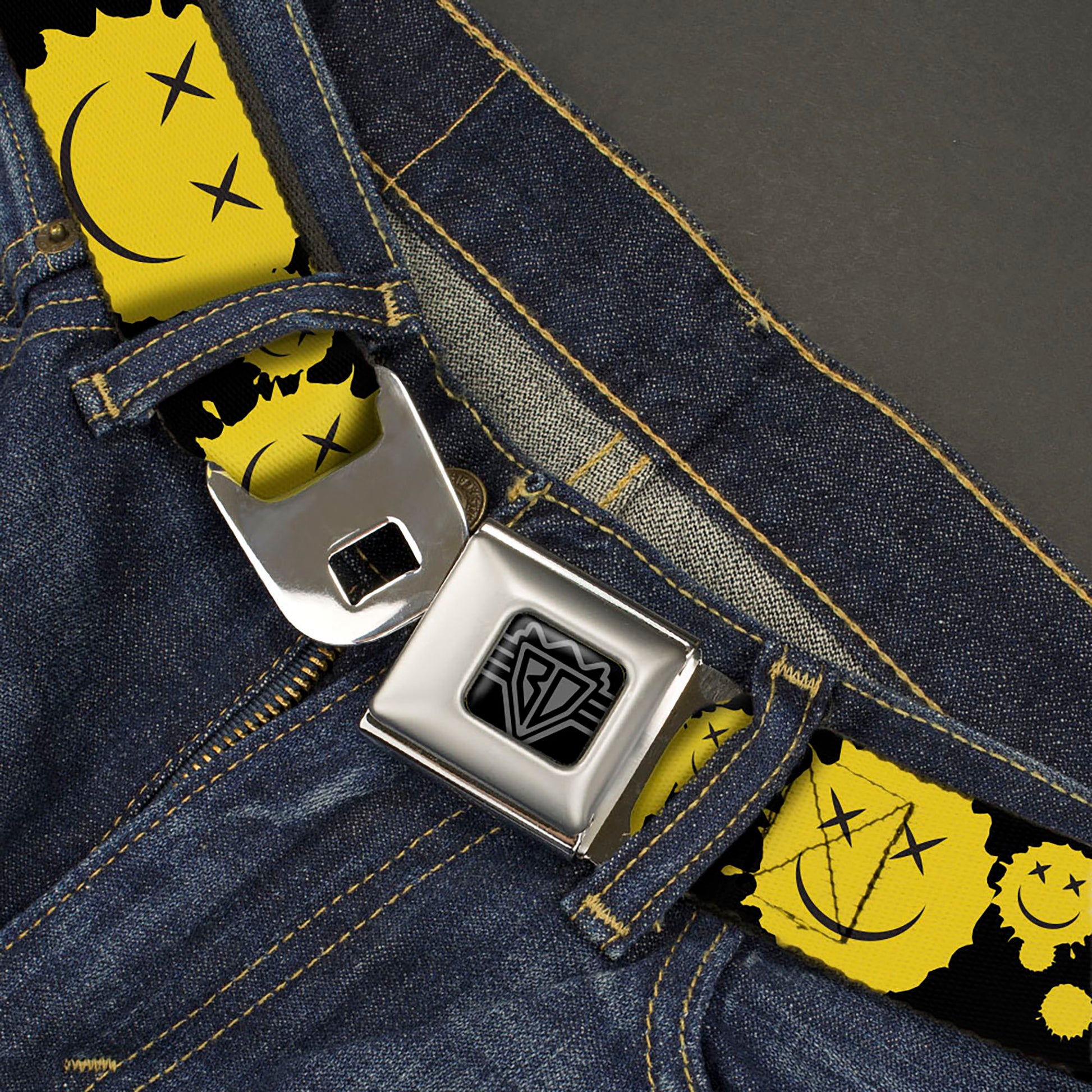BD Wings Logo CLOSE-UP Black/Silver Seatbelt Belt - Smiley Face Splatter Scattered Black/Yellow Webbing Seatbelt Belts Buckle-Down