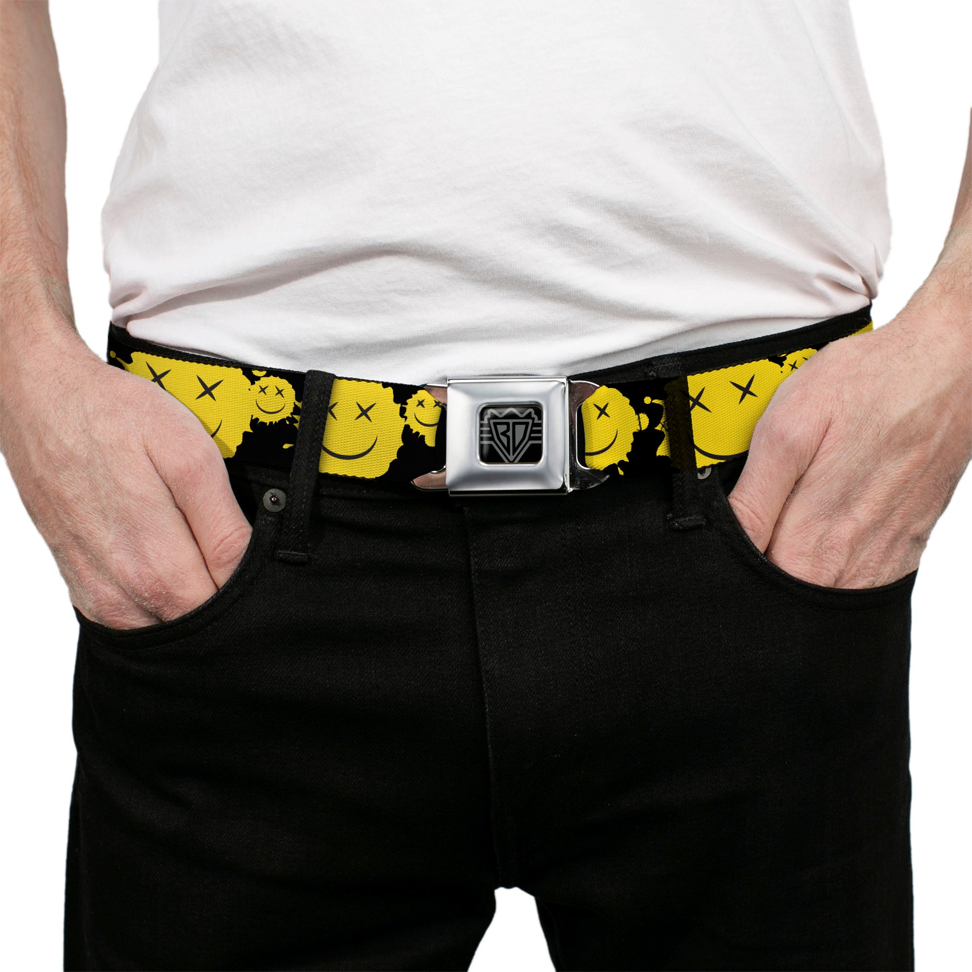 BD Wings Logo CLOSE-UP Black/Silver Seatbelt Belt - Smiley Face Splatter Scattered Black/Yellow Webbing Seatbelt Belts Buckle-Down