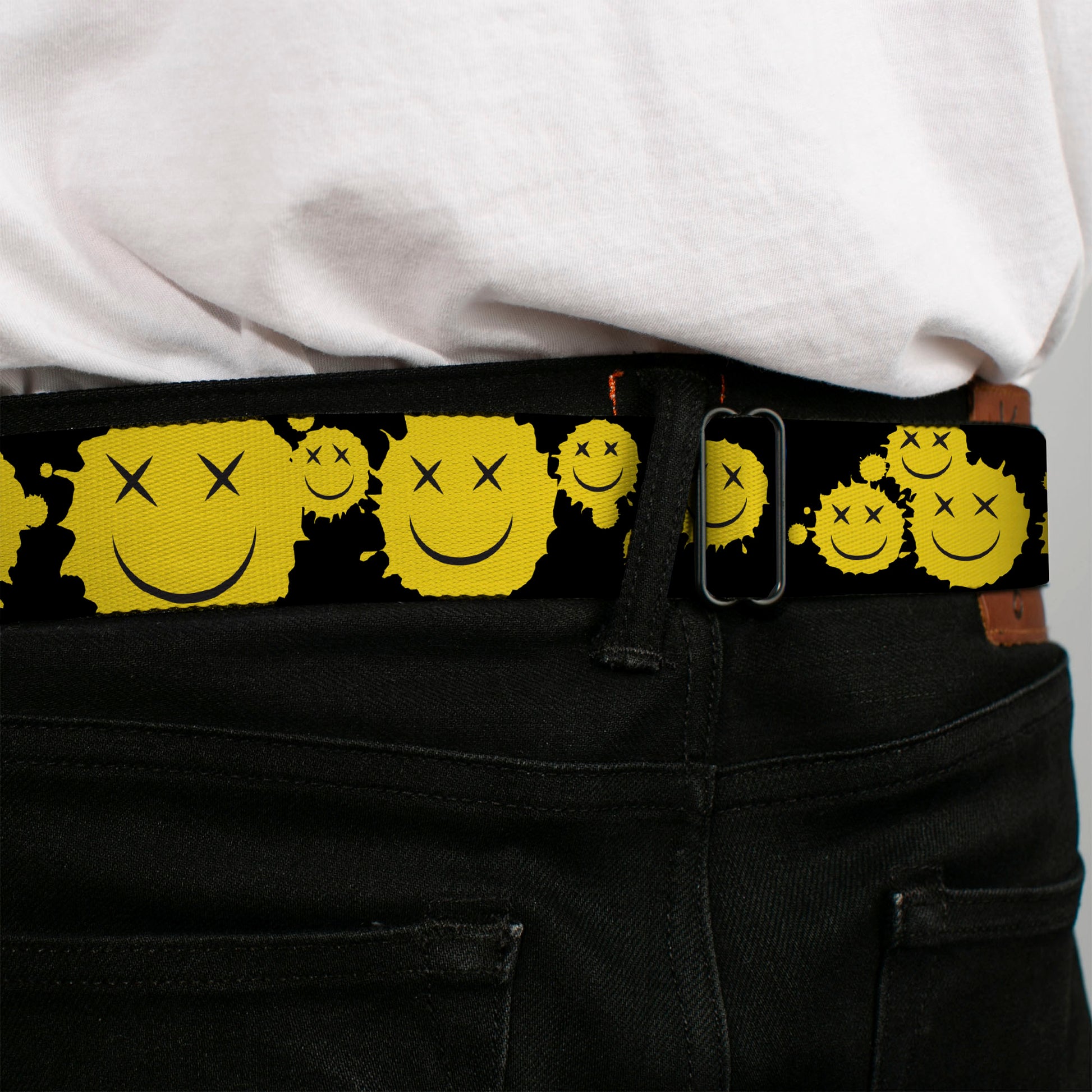 BD Wings Logo CLOSE-UP Black/Silver Seatbelt Belt - Smiley Face Splatter Scattered Black/Yellow Webbing Seatbelt Belts Buckle-Down