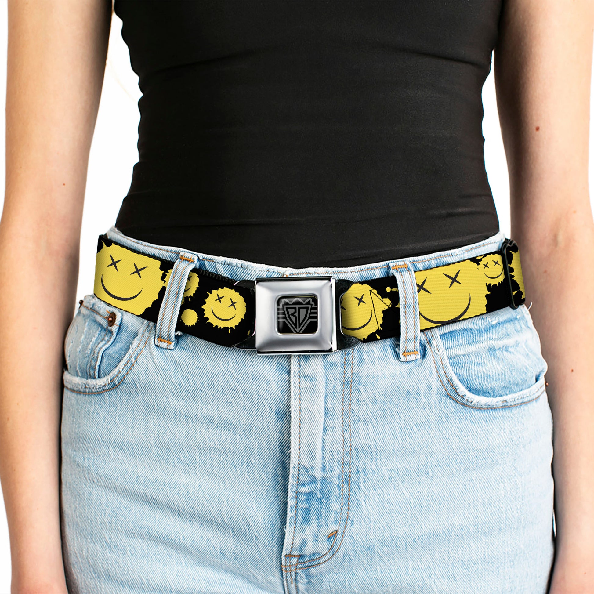 BD Wings Logo CLOSE-UP Black/Silver Seatbelt Belt - Smiley Face Splatter Scattered Black/Yellow Webbing Seatbelt Belts Buckle-Down