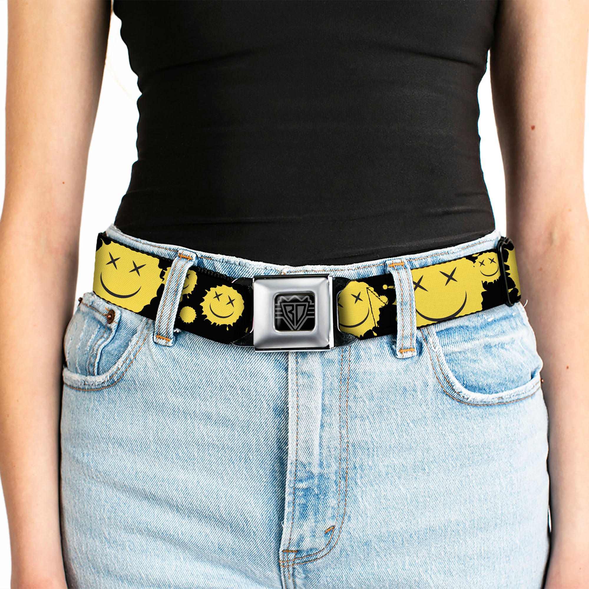 BD Wings Logo CLOSE-UP Black/Silver Seatbelt Belt - Smiley Face Splatter Scattered Black/Yellow Webbing Seatbelt Belts Buckle-Down