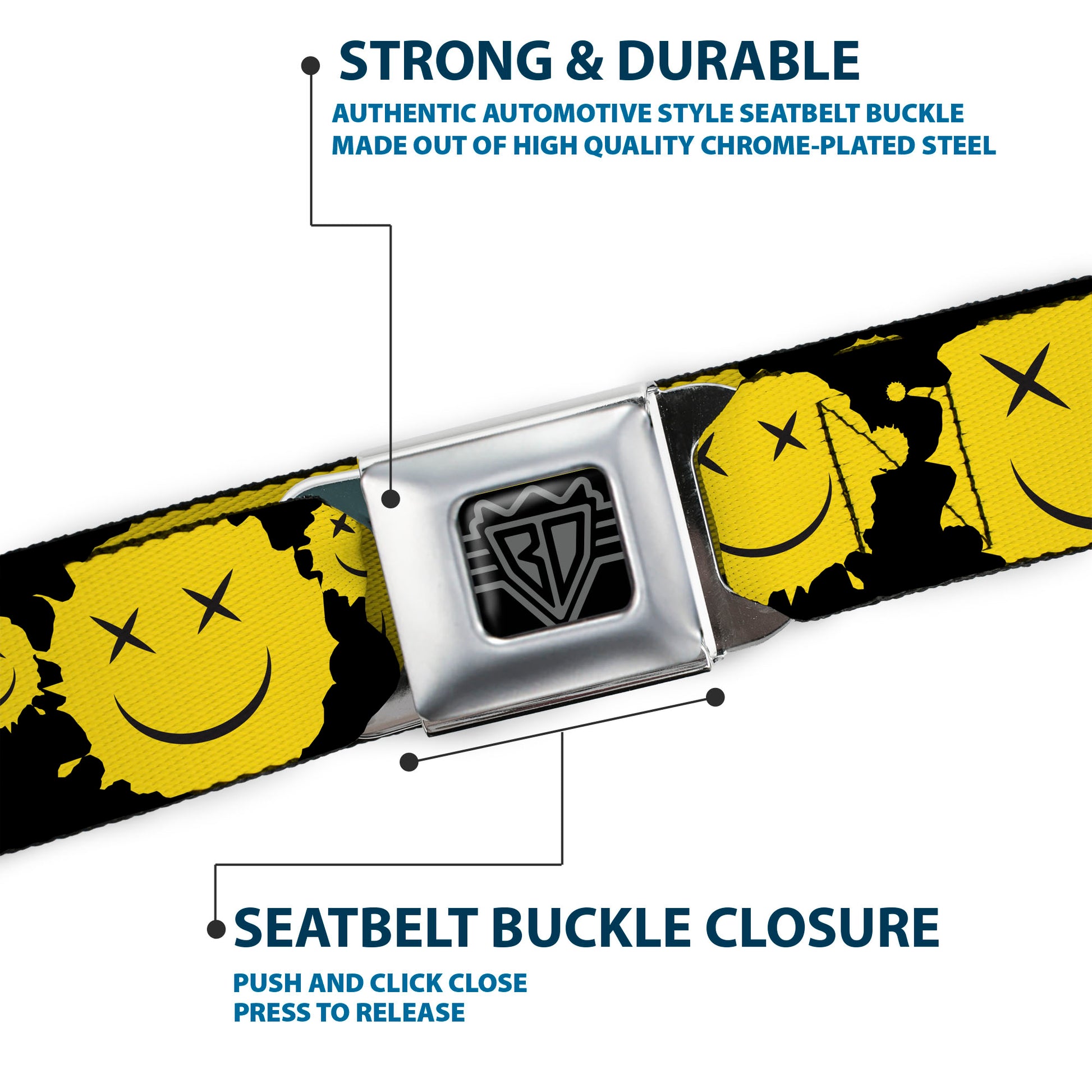 BD Wings Logo CLOSE-UP Black/Silver Seatbelt Belt - Smiley Face Splatter Scattered Black/Yellow Webbing Seatbelt Belts Buckle-Down