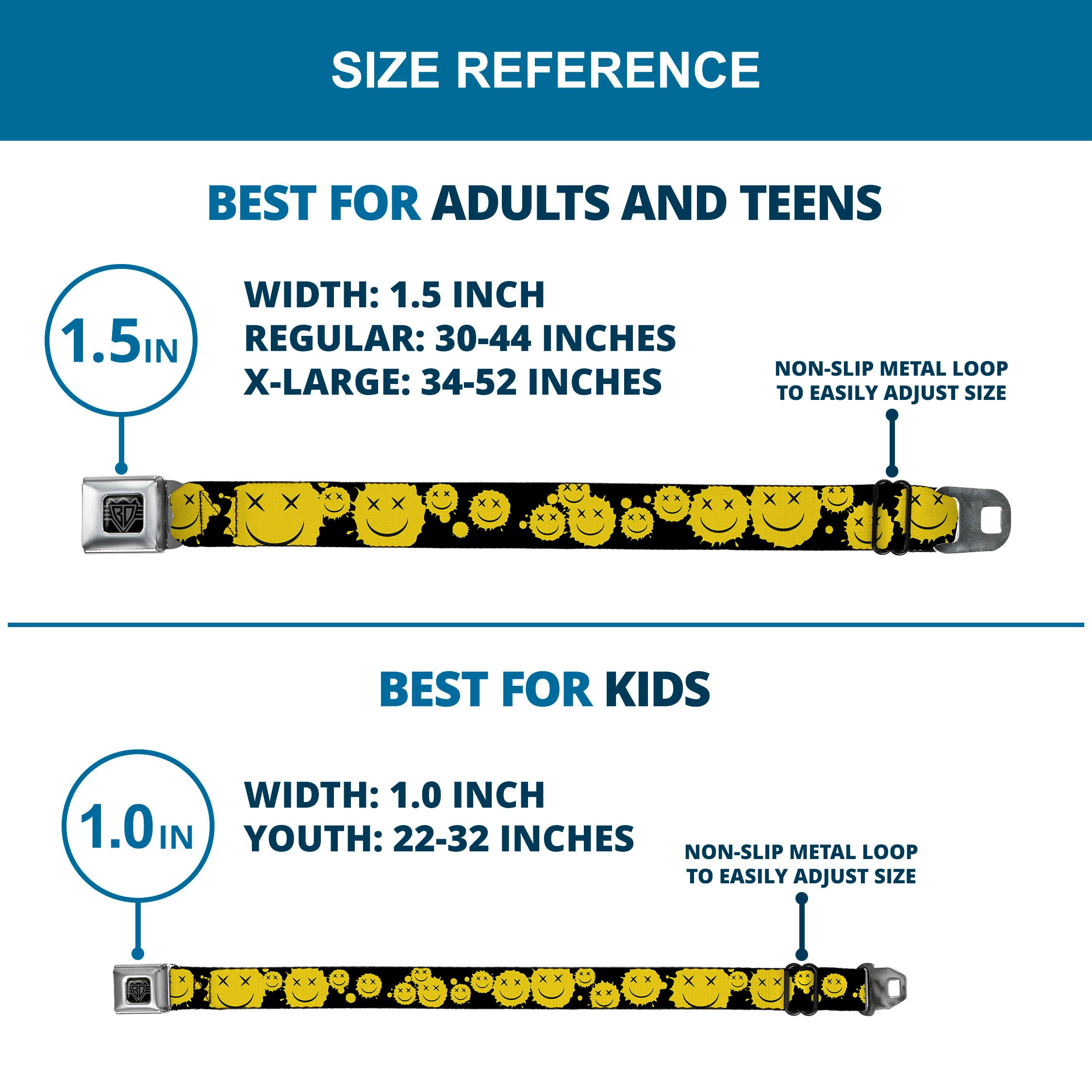 BD Wings Logo CLOSE-UP Black/Silver Seatbelt Belt - Smiley Face Splatter Scattered Black/Yellow Webbing Seatbelt Belts Buckle-Down