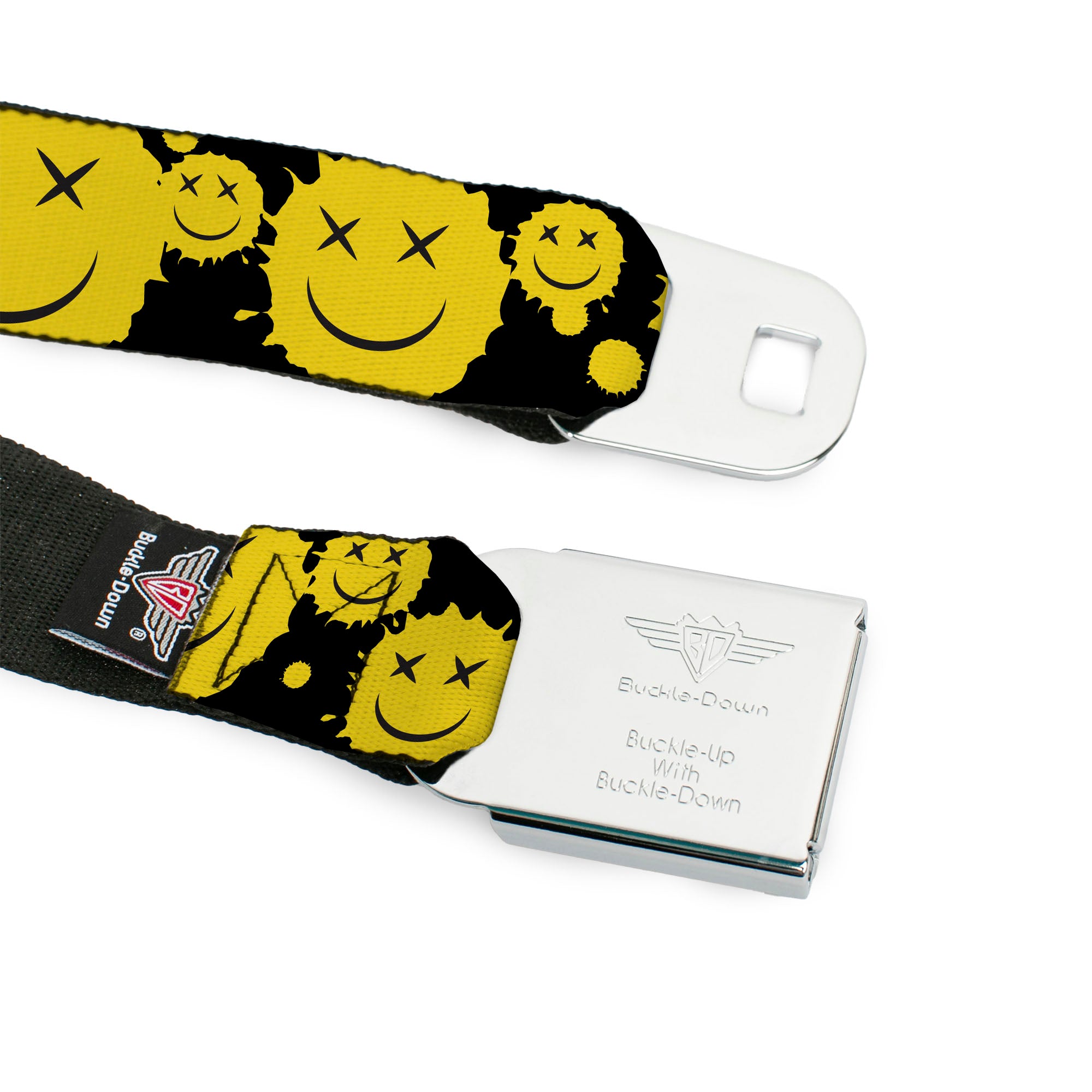 BD Wings Logo CLOSE-UP Black/Silver Seatbelt Belt - Smiley Face Splatter Scattered Black/Yellow Webbing Seatbelt Belts Buckle-Down