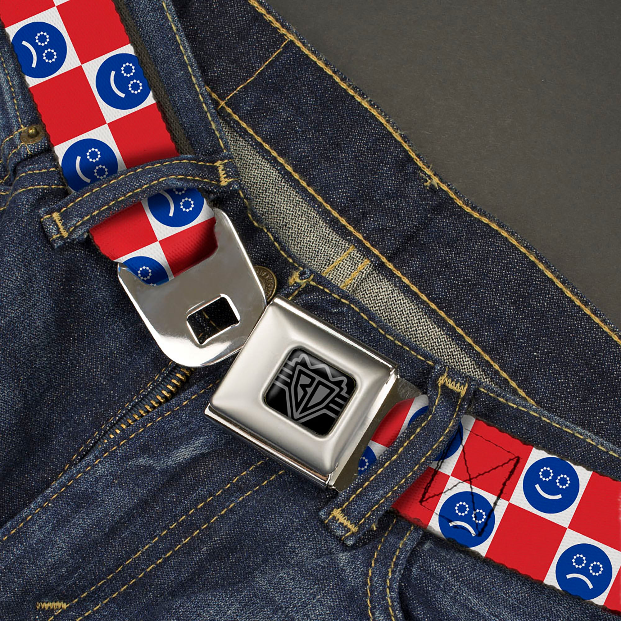 BD Wings Logo CLOSE-UP Black/Silver Seatbelt Belt - Smiley Sad Face Checker Red/White/Blue Webbing Seatbelt Belts Buckle-Down