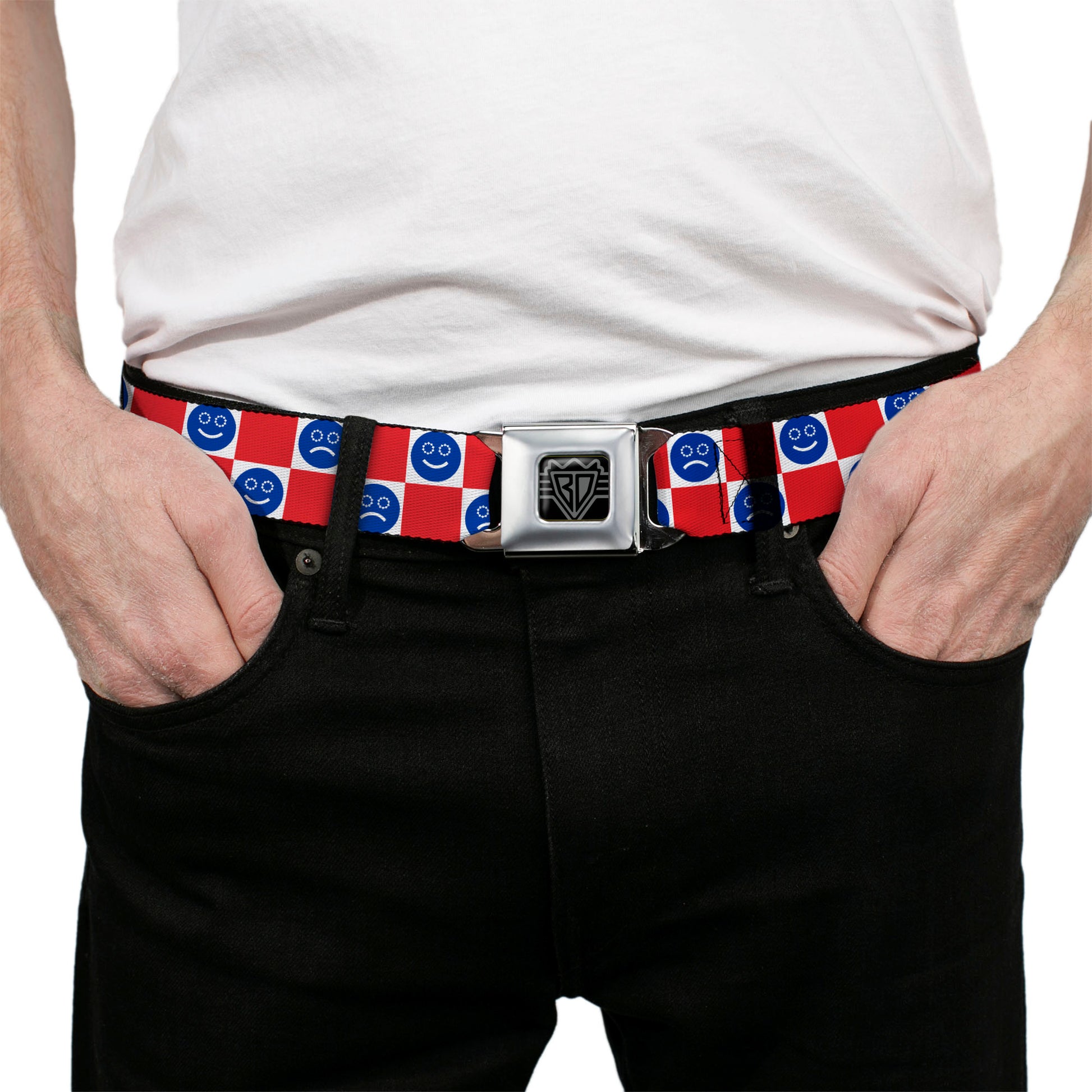 BD Wings Logo CLOSE-UP Black/Silver Seatbelt Belt - Smiley Sad Face Checker Red/White/Blue Webbing Seatbelt Belts Buckle-Down