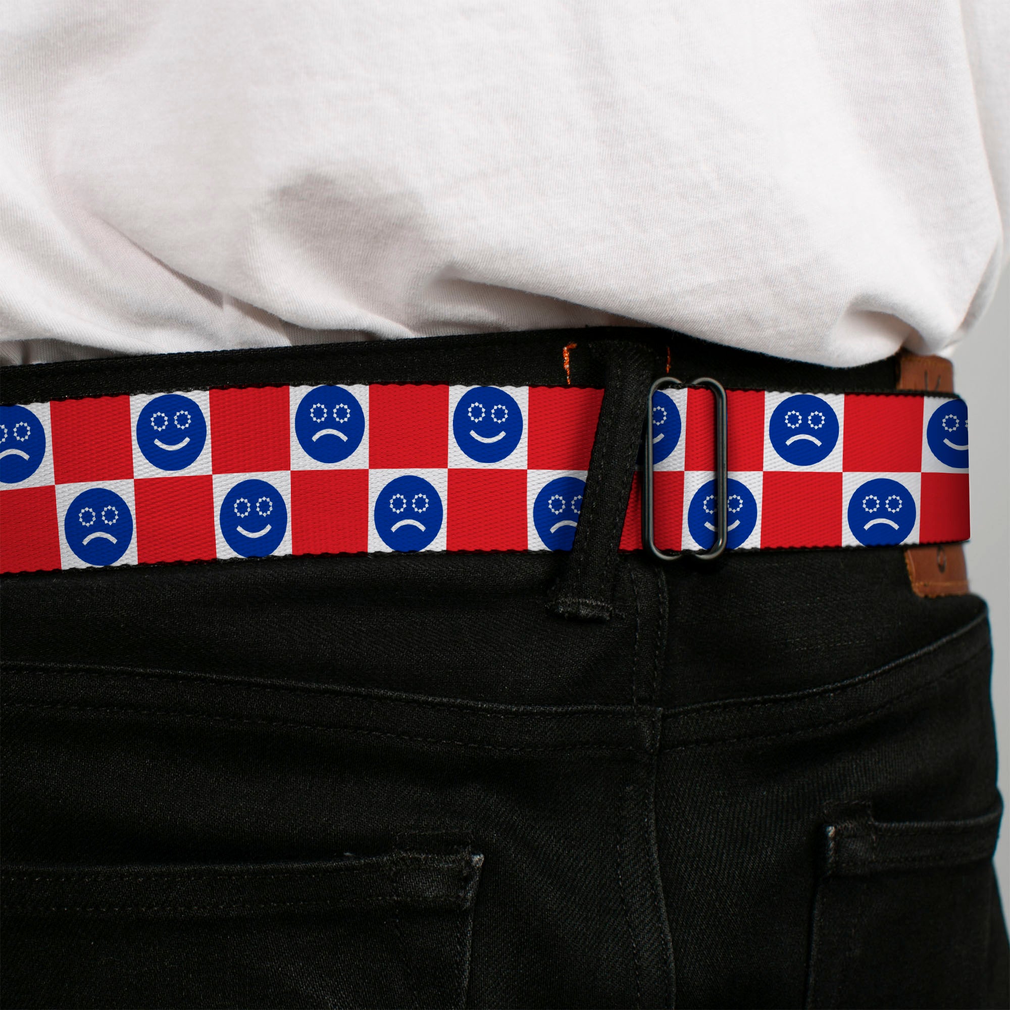 BD Wings Logo CLOSE-UP Black/Silver Seatbelt Belt - Smiley Sad Face Checker Red/White/Blue Webbing Seatbelt Belts Buckle-Down