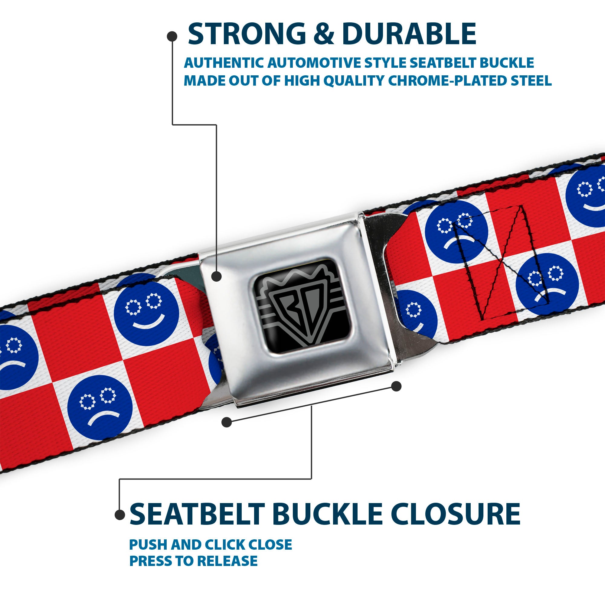 BD Wings Logo CLOSE-UP Black/Silver Seatbelt Belt - Smiley Sad Face Checker Red/White/Blue Webbing Seatbelt Belts Buckle-Down
