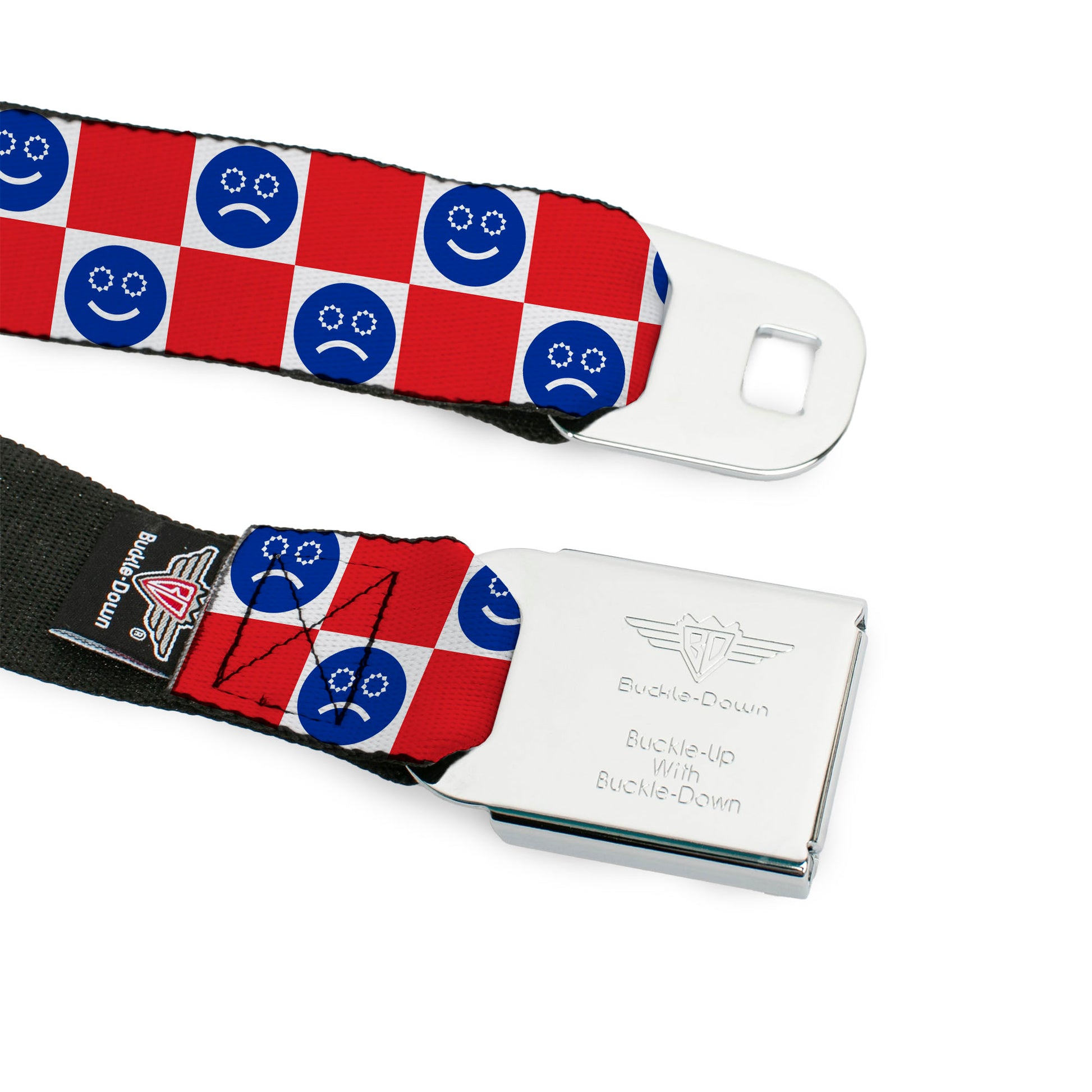 BD Wings Logo CLOSE-UP Black/Silver Seatbelt Belt - Smiley Sad Face Checker Red/White/Blue Webbing Seatbelt Belts Buckle-Down