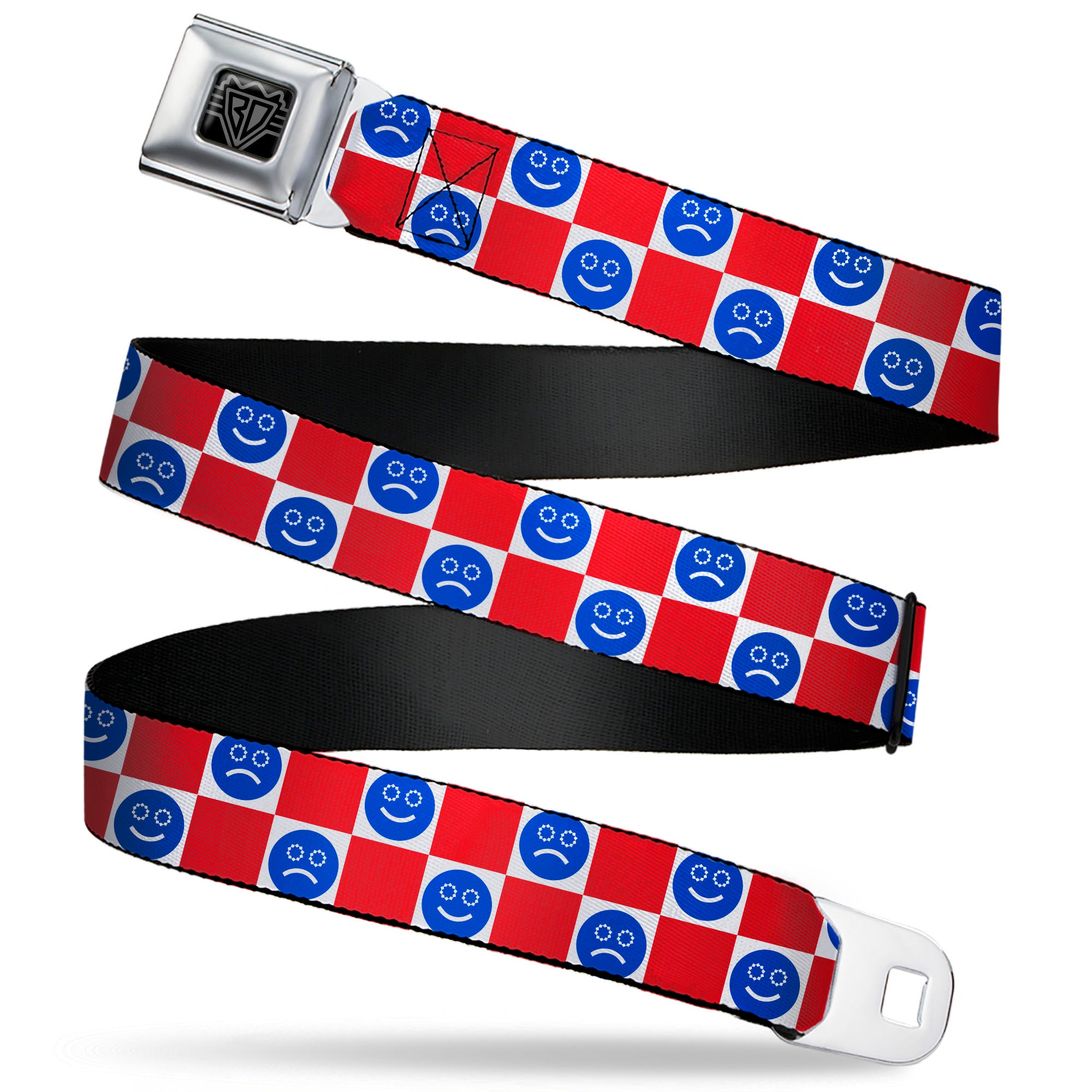 BD Wings Logo CLOSE-UP Black/Silver Seatbelt Belt - Smiley Sad Face Checker Red/White/Blue Webbing Seatbelt Belts Buckle-Down